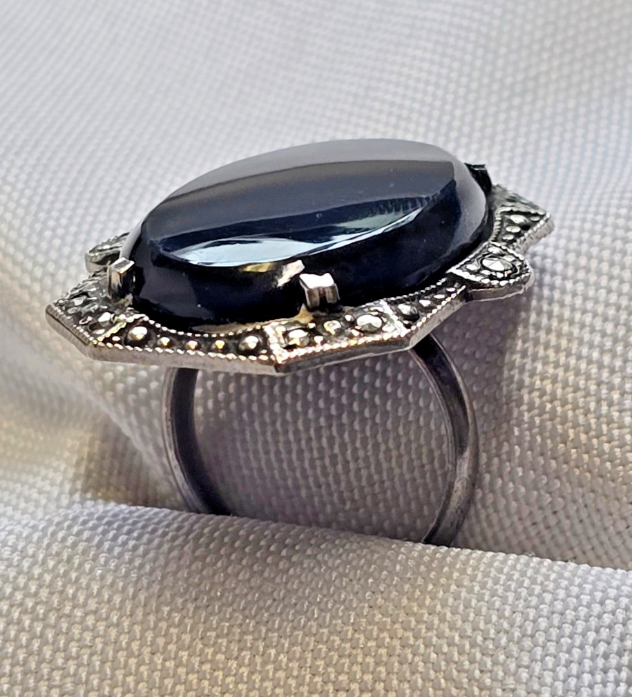Vtg Sterling Silver Ring 7.49g Fine Jewelry Size 4.25 Band Onyx Look *READ*