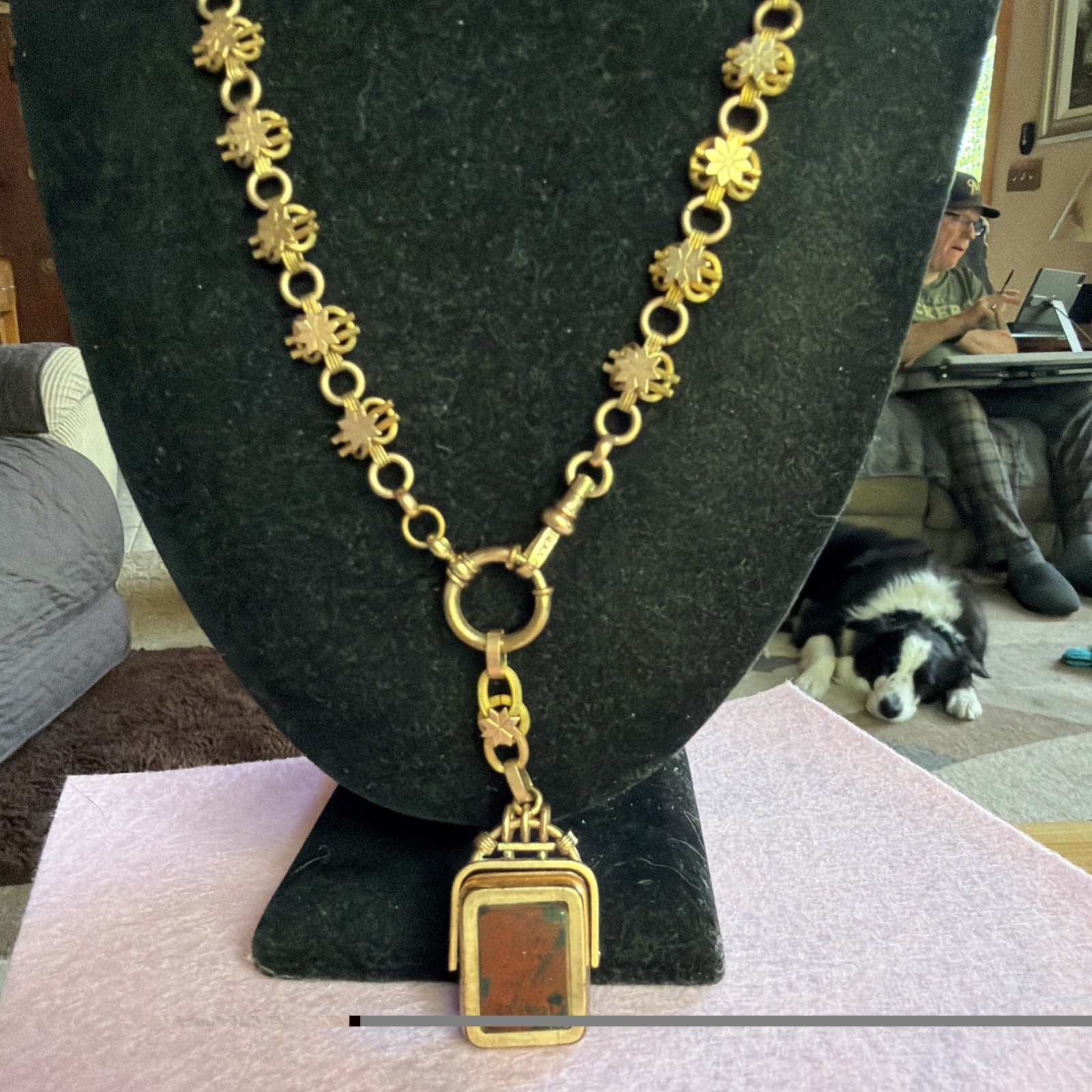 Victorian Lovely 59g Gold Fill Book Link Necklace GF Agate Bloodstone Locket Fob