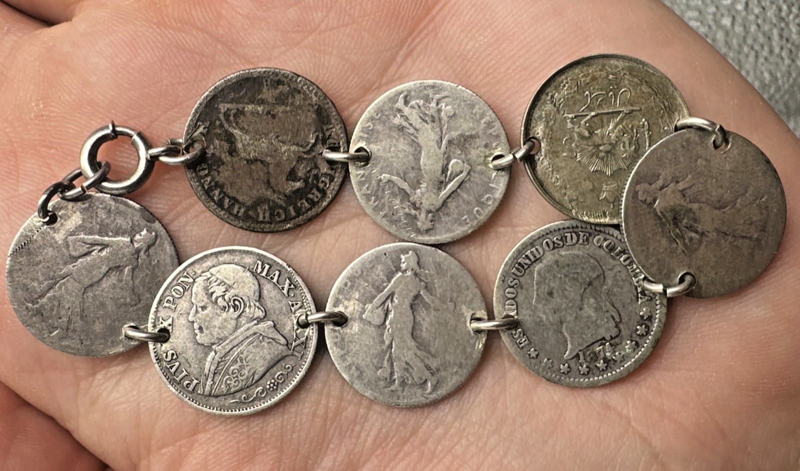 Antique Multinational Coin Link Silver Bracelet Years 1853 – 1903 19g Sz 6.25