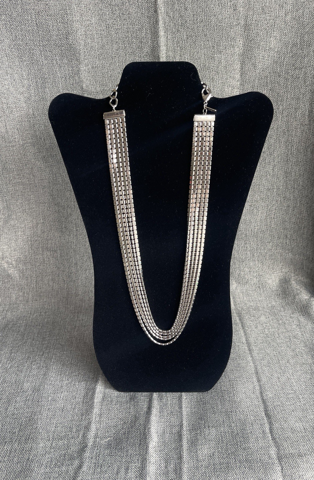 Vintage Silver Tone Metal Drape 5 Strand Necklace MCM Claw Clasp 25” Adjustable