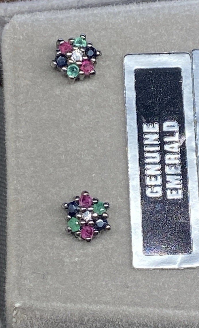 Sterling Silver 925 Genuine Ruby Emerald Sapphire Stud Earrings Cluster Estate