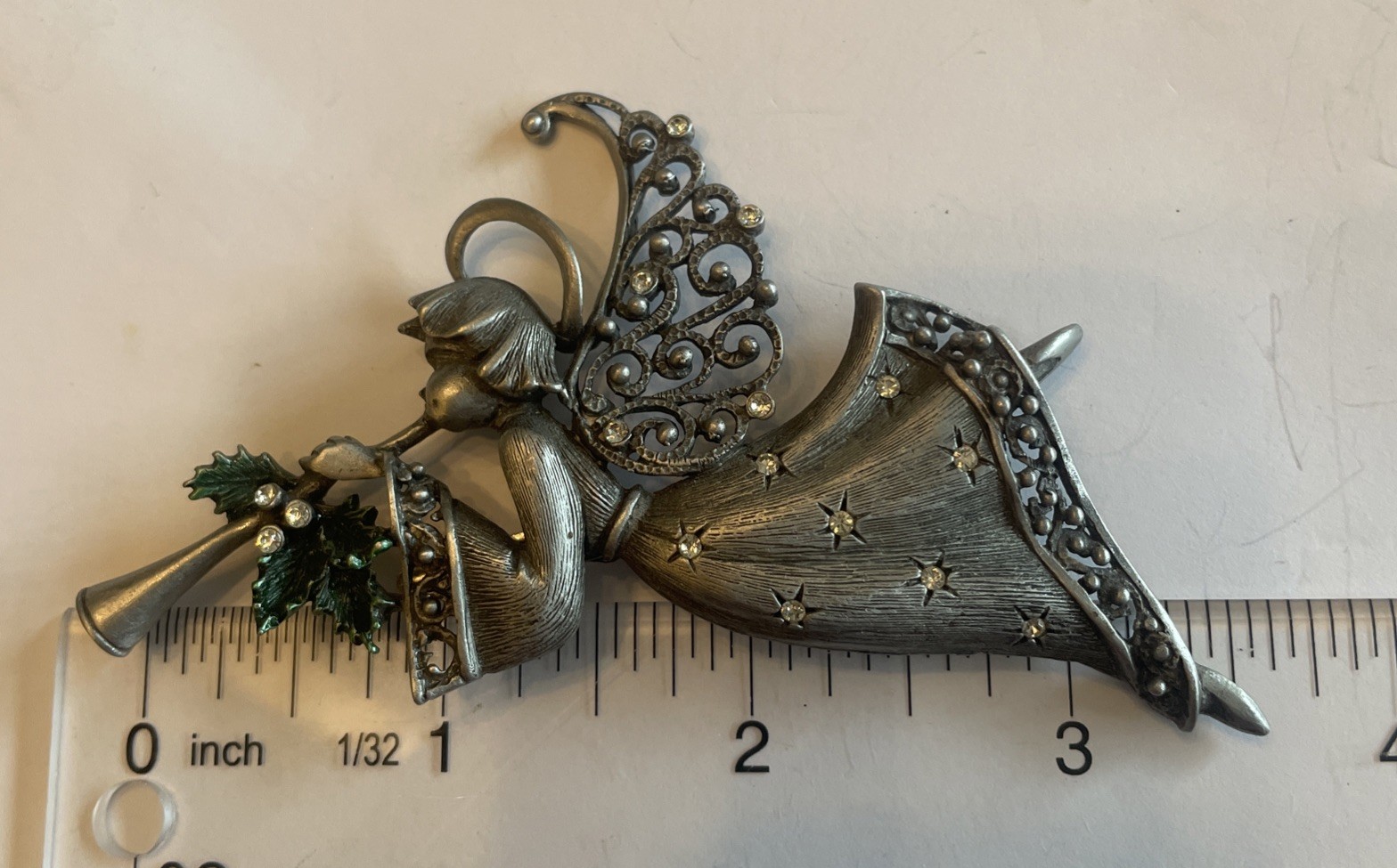 Vintage PewterTone SIGNED JJ TRUMPTING ANGEL BROOCH Horn Rhinestone & Holly R34