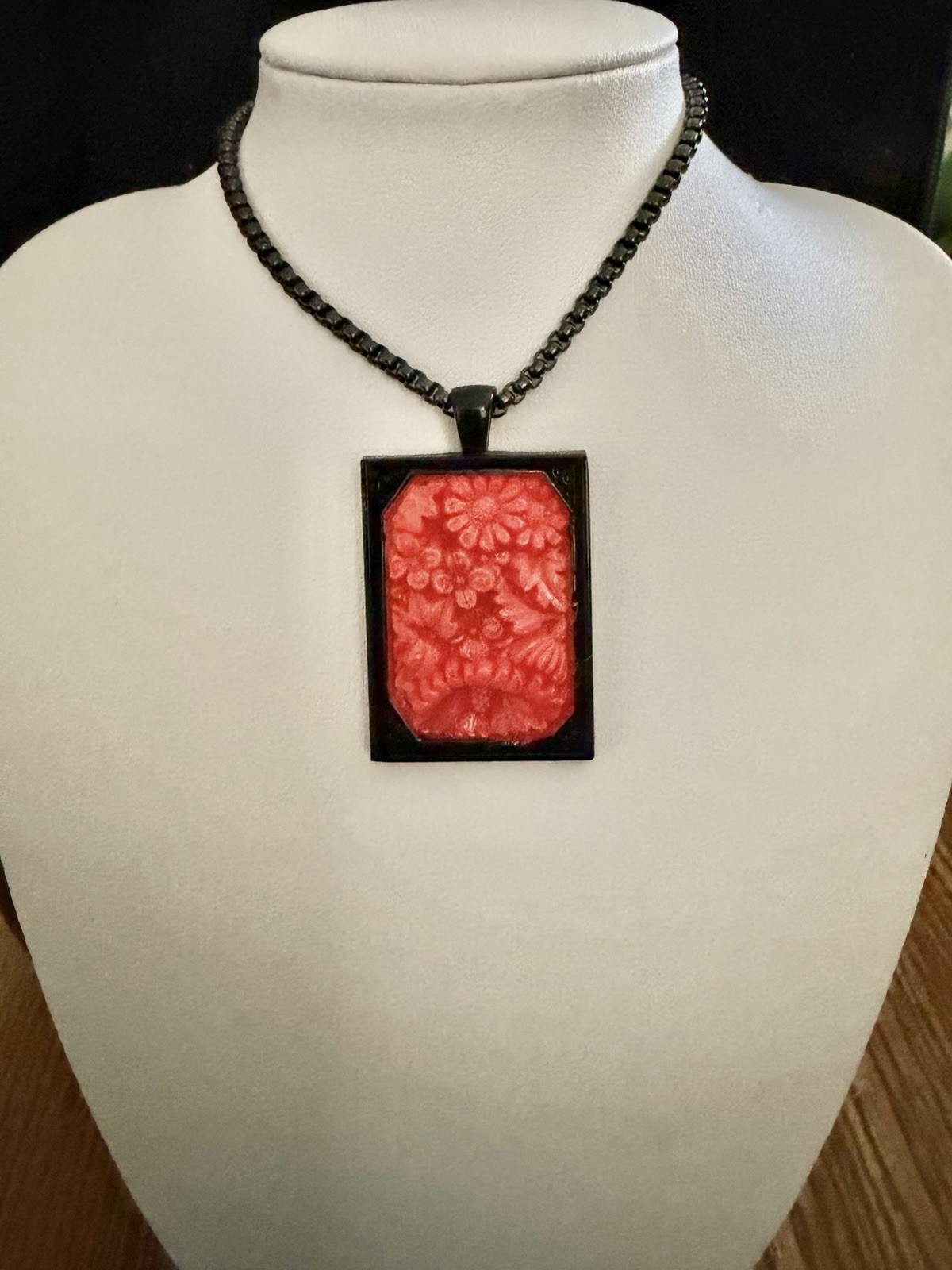 Art Deco Upcycled Bohemian Molded Coral Flowers Glass Black Rim Pendant Necklace