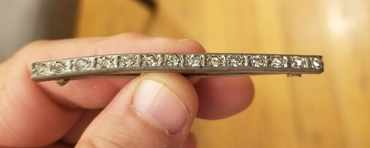 14-Rhinestone Antique PIN BROOCH~FISHON SILVERITE Art Deco 2.5″ Vintage Jewelry