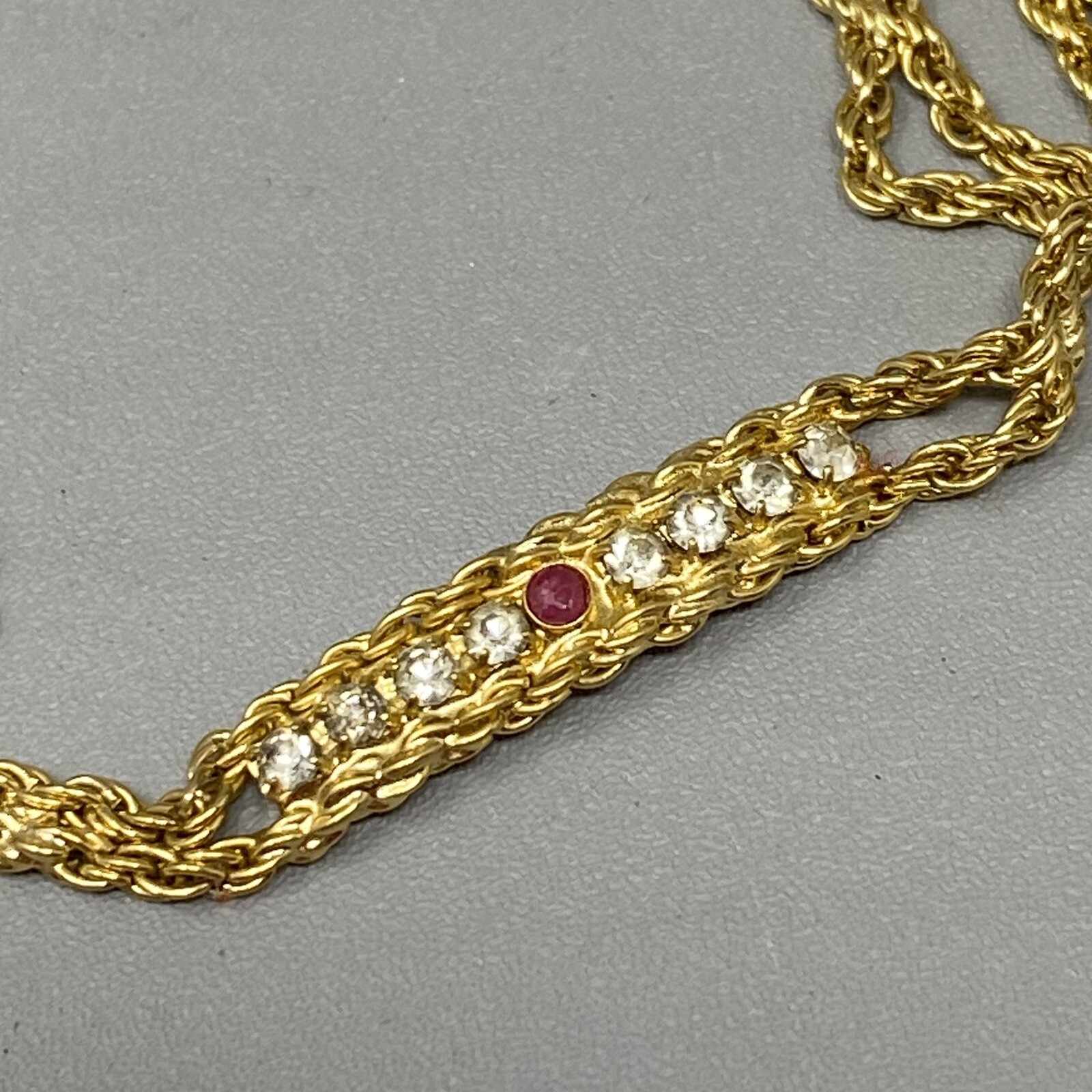 Rope Chain Tennis Bracelet Pair Gold Tone White Green Red Rhinestones 7-7.5″
