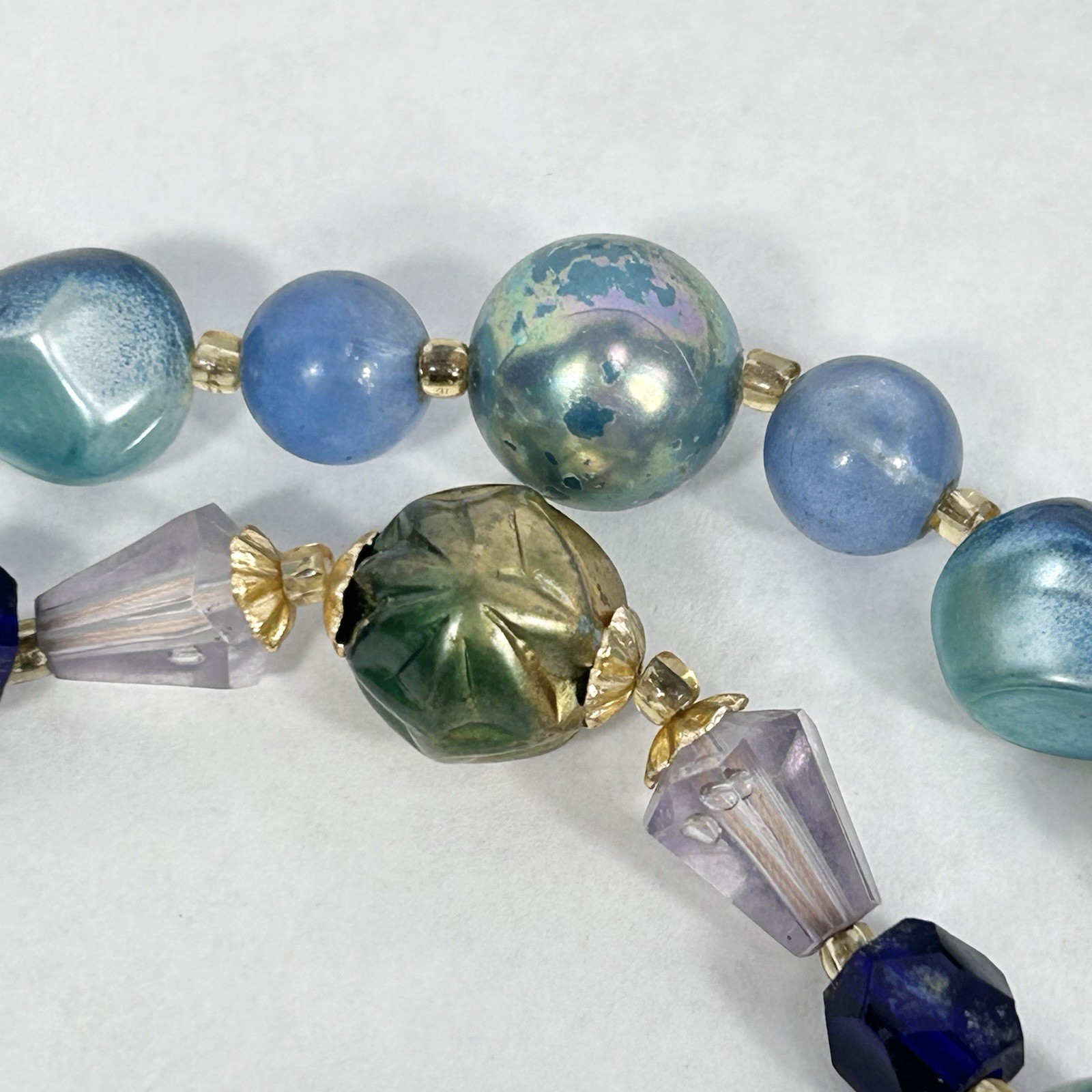 Vintage JAPAN Double Strand Blue Bead Necklace 17.5” Faux Pearl Acrylic Glass
