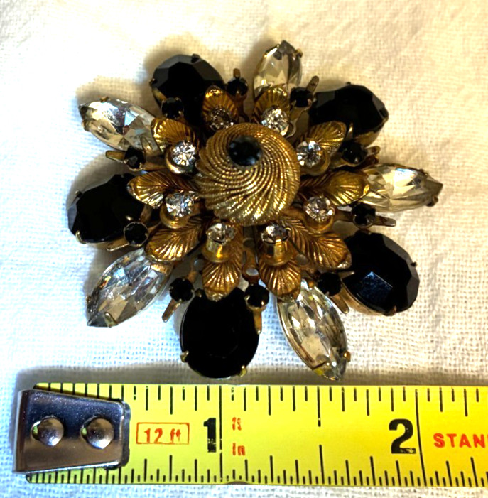 Antique Black Clear Rhinestone Facet Pin Brooch Dimensional Starburst Statement