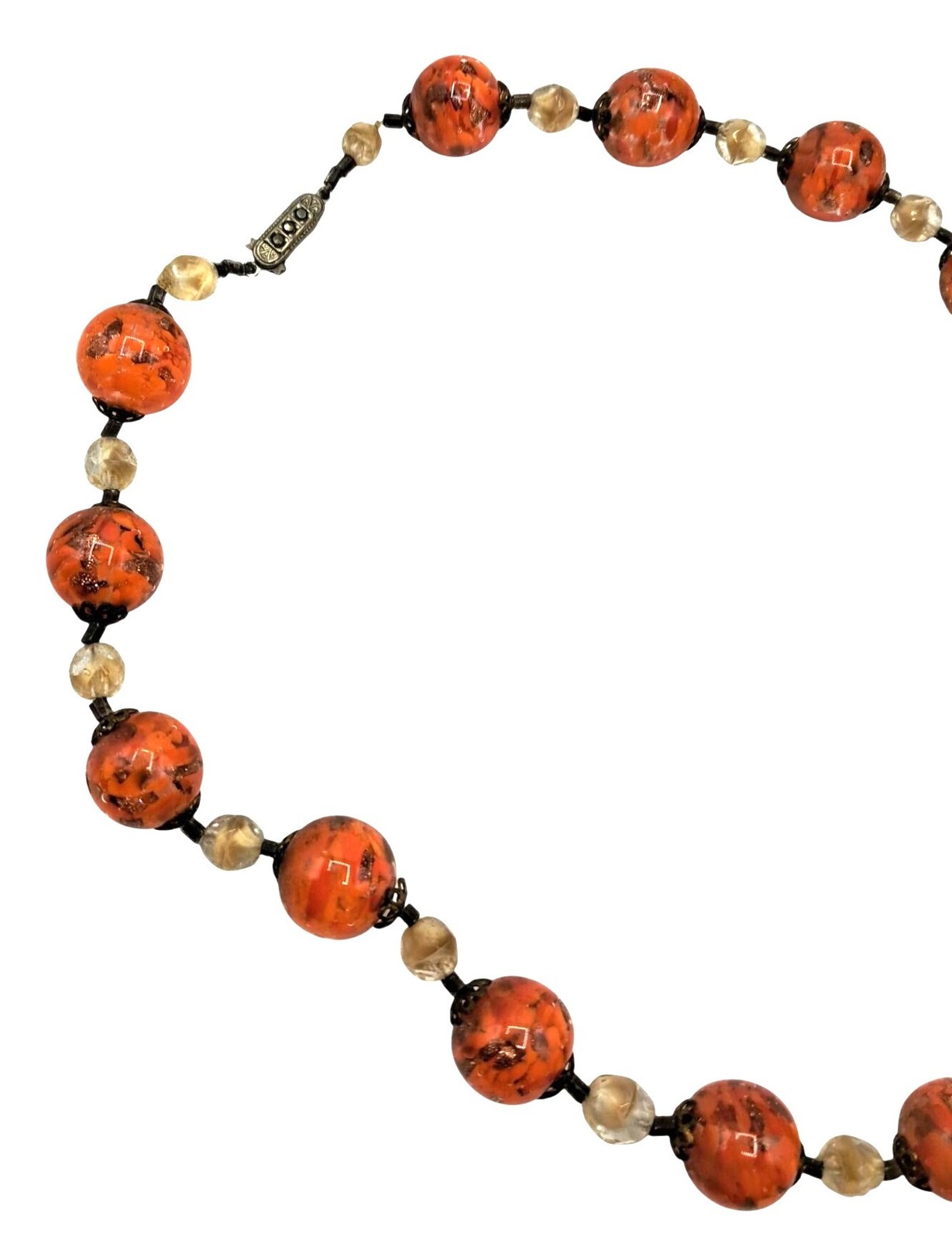 Vintage Murano Glass Necklace Orange Gold Givre Clear Cream Beaded Single Strand