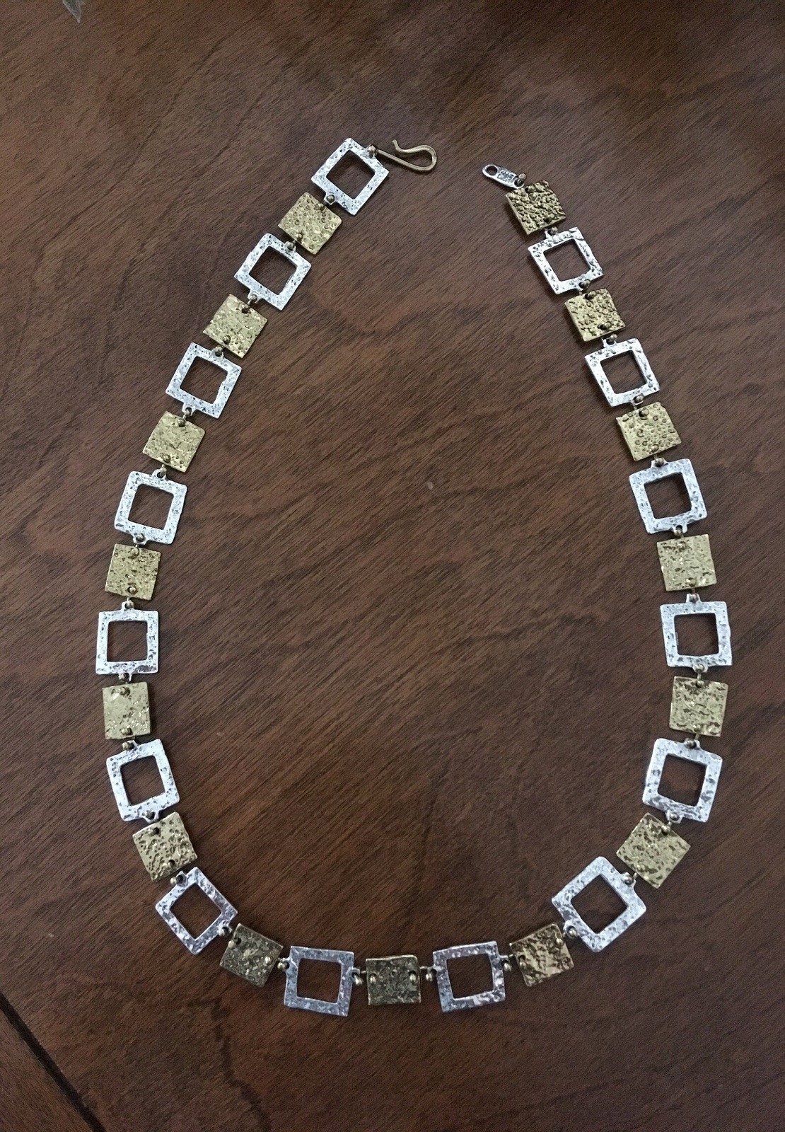 Vtg Anne Dick Brutalist Necklace Sterling Silver Brass Squares 23″ Modernist