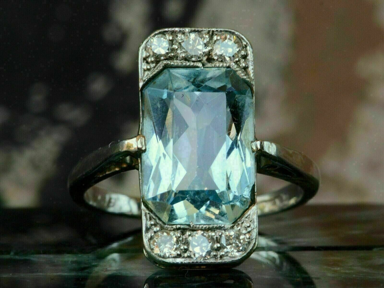 Vintage Estate Art Deco Emerald Cut 4CT Lab Created Aquamarine 925 Silver Ring