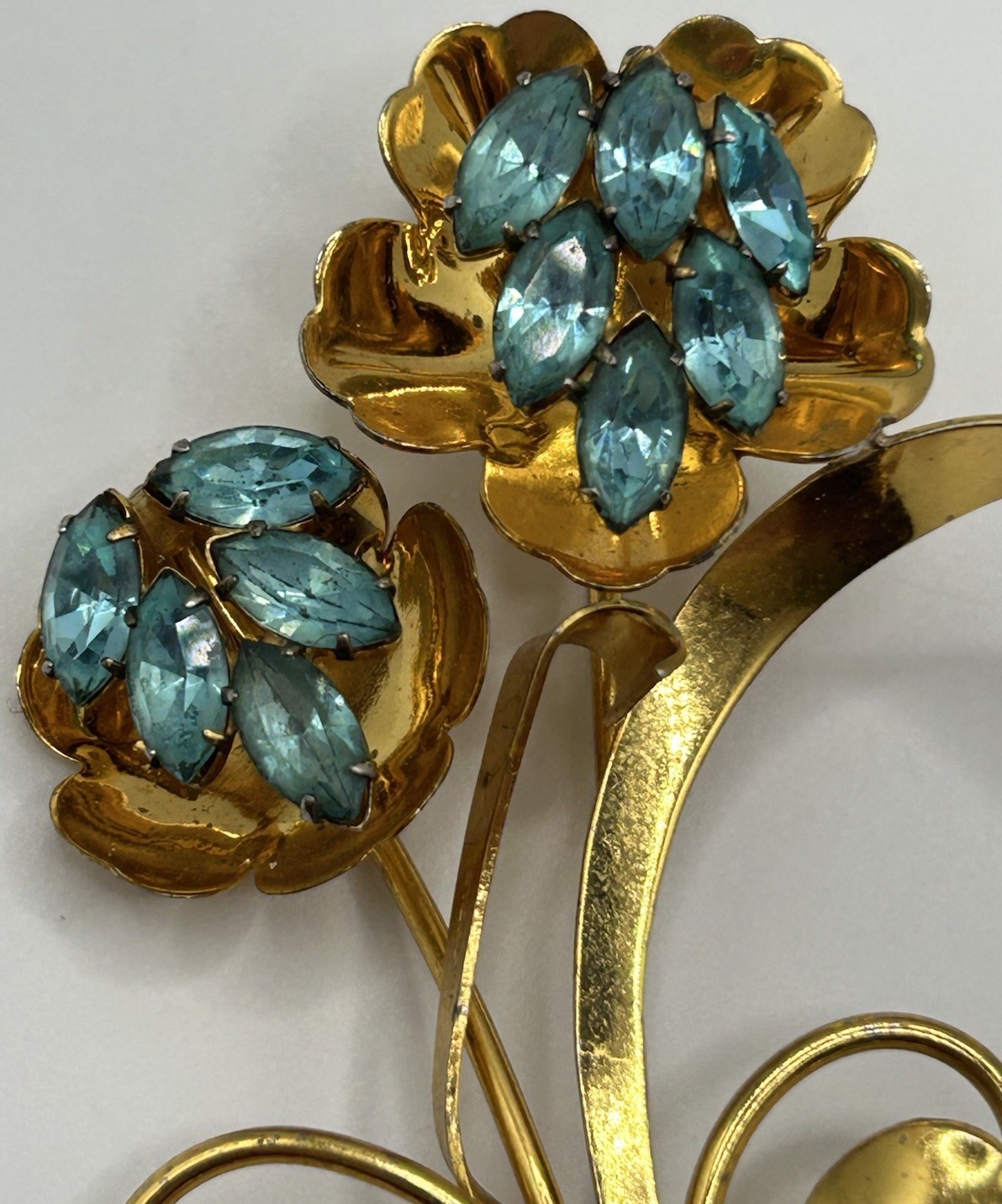 Huge Vintage Gold Tone Coro Brooch Aqua Blue Marked Sterling 1940’s