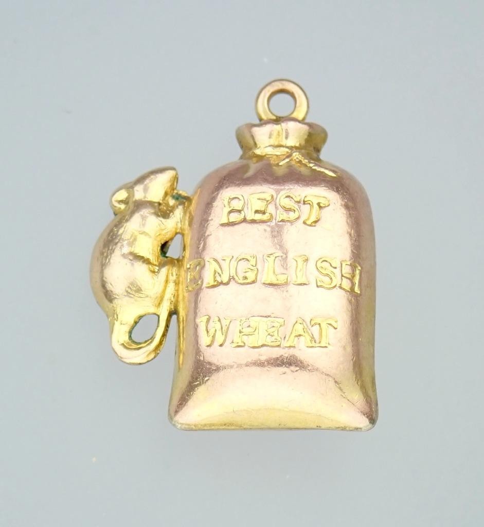 Fun! Antique Victorian Solid 9K Rose Gold Mouse Sack Of Wheat 3D Charm Pendant
