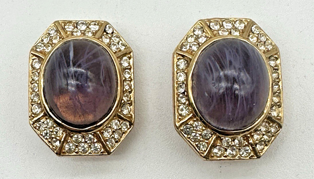 Vintage Ciner Gripoix Poured Glass Cabochon & Rhinestone Clip-on Earrings