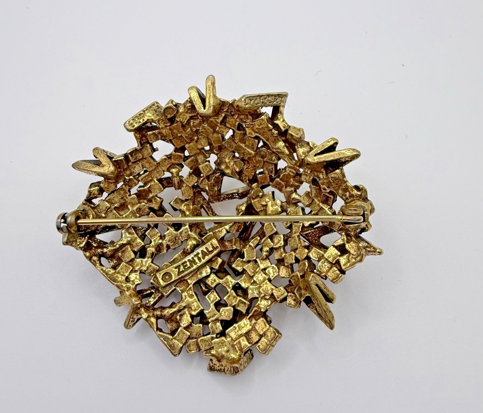 Vintage Rare Zentall Brutalist Brooch Gold Tone Modernist Abstract Signed