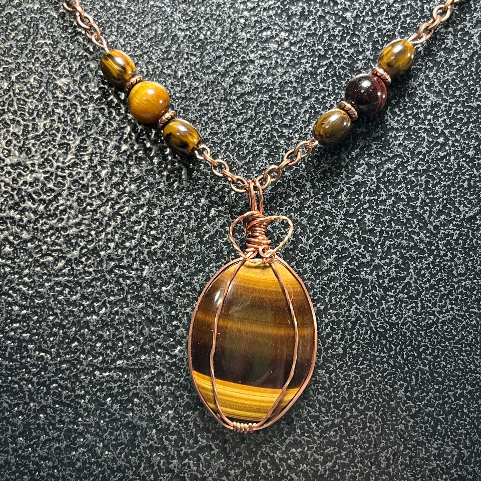 Tigers eye Necklace Pendant Oval Cabochon Copper Wire Wrap 20″ – 1 1/4-1 3/4
