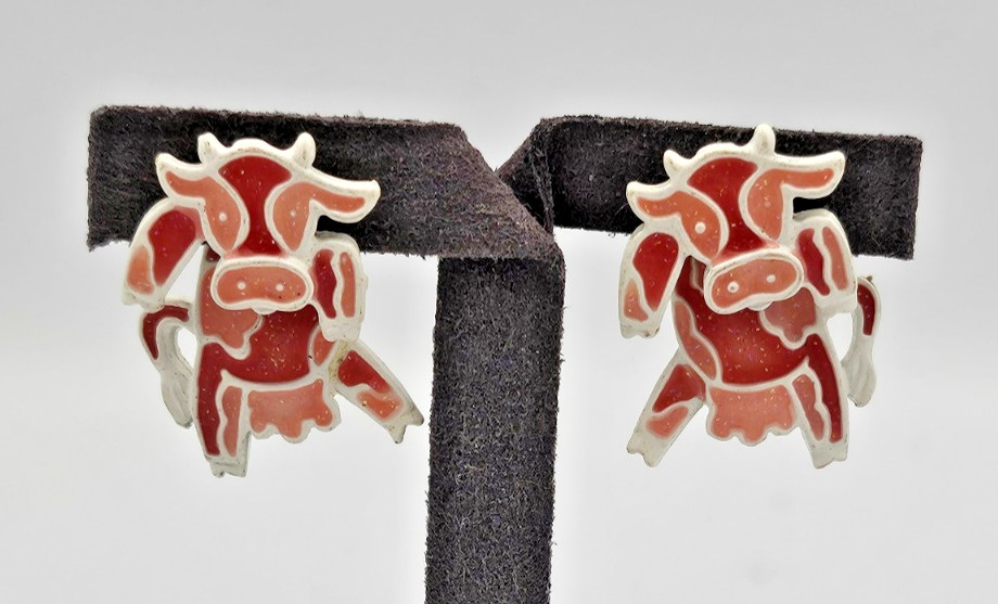 Vintage Red White Enamel Cow Earrings Pierced Novelty Western Farm Animal