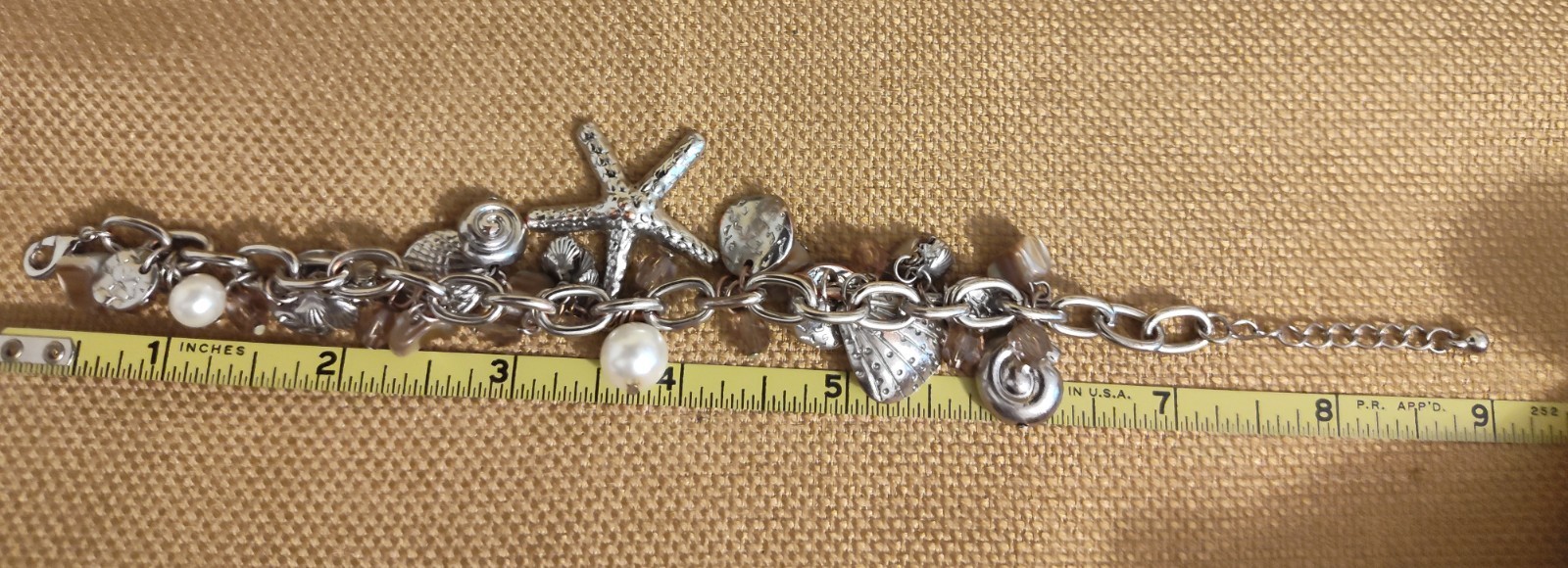 Vintage Charm Bracelet Sea Shells Starfish Silver tone, faux pearl danglers 9″