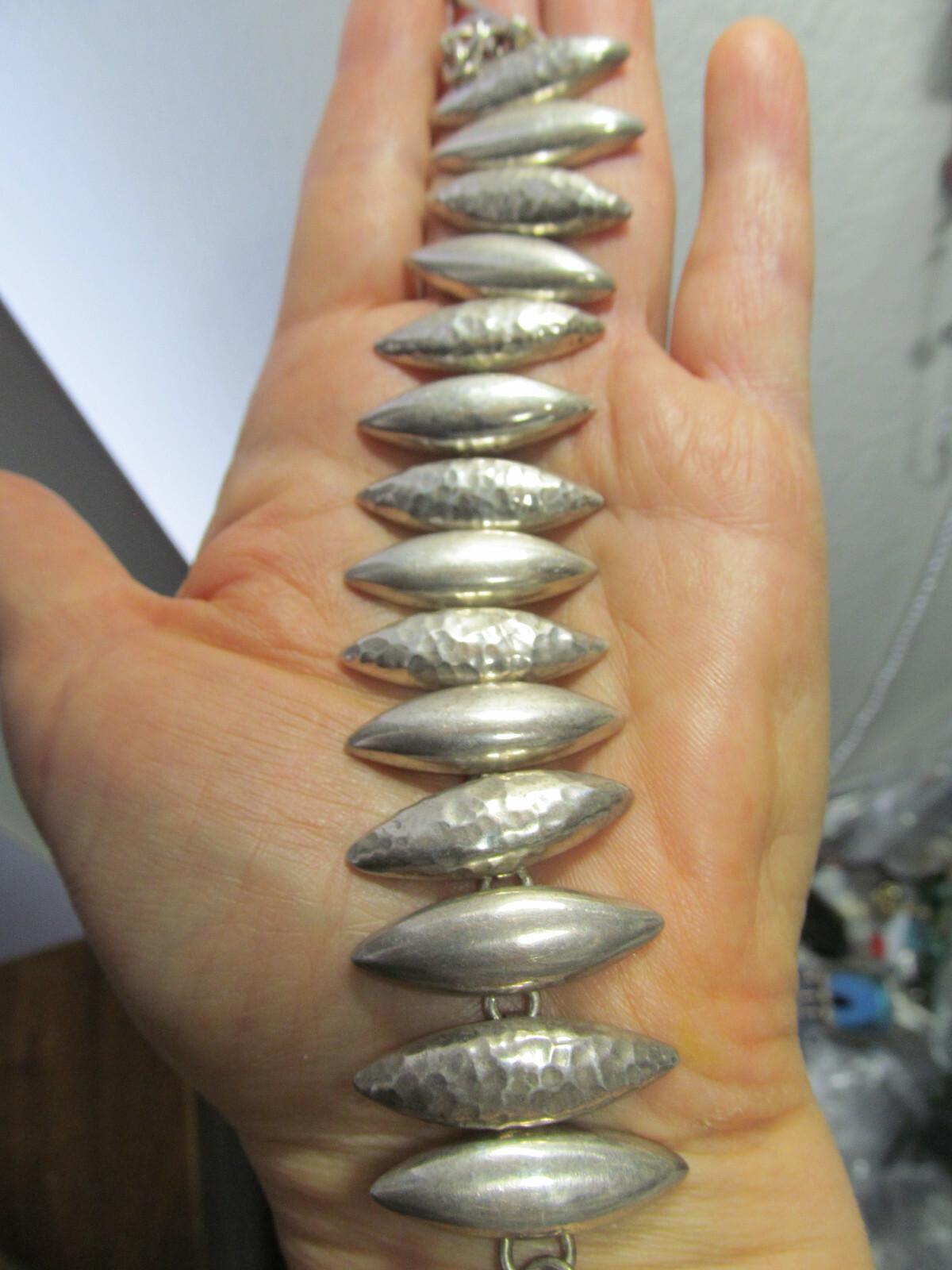 Big Wrist 925 Sterling silver Navette Shaped Link Bracelet Mexico 8 3/4″, 44g