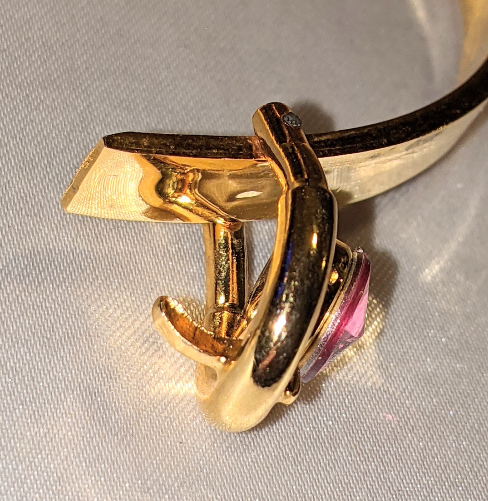 VTG 80s Hinged Bangle Bracelet Pink Crystal Buckle Adjustable Gold Tone Metal