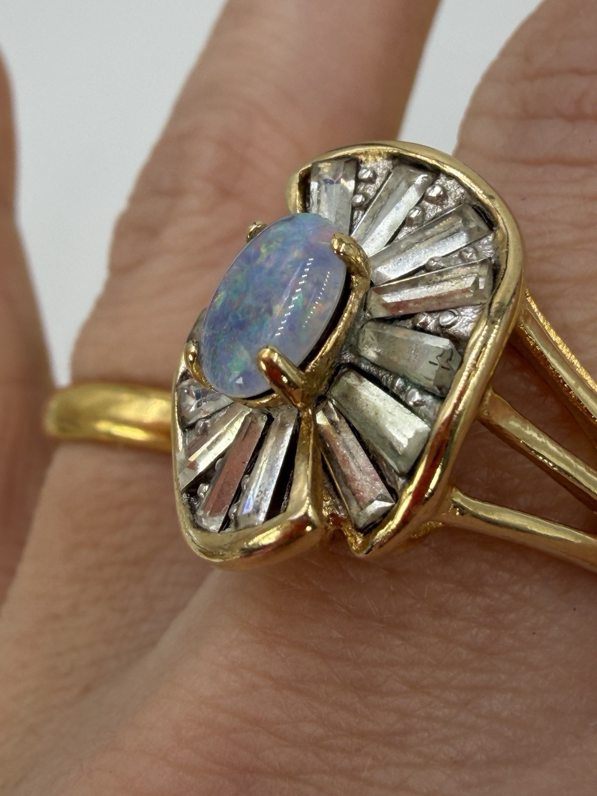 Vintage Ring Costume Cocktail Baguette Opal Statement Size 8 Plated