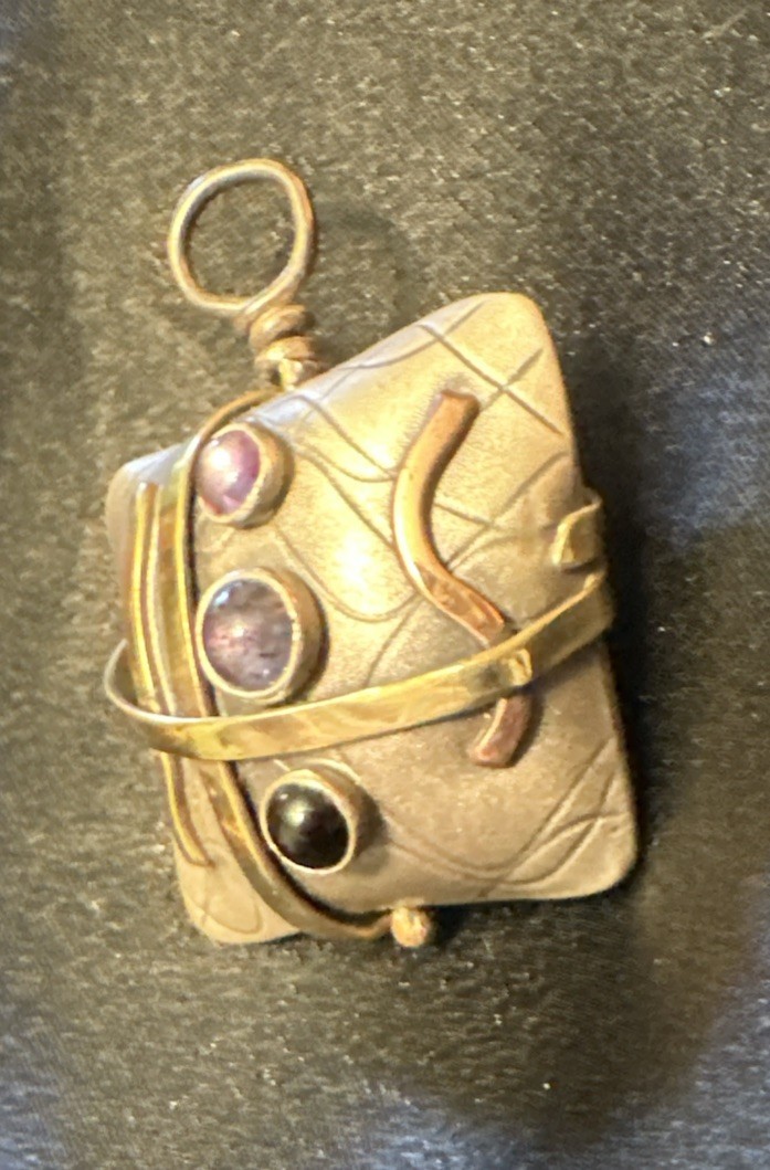SMB Artesian Signed Sterling Silver, Multi-Metal & Gem 3-D Pendant 1”square