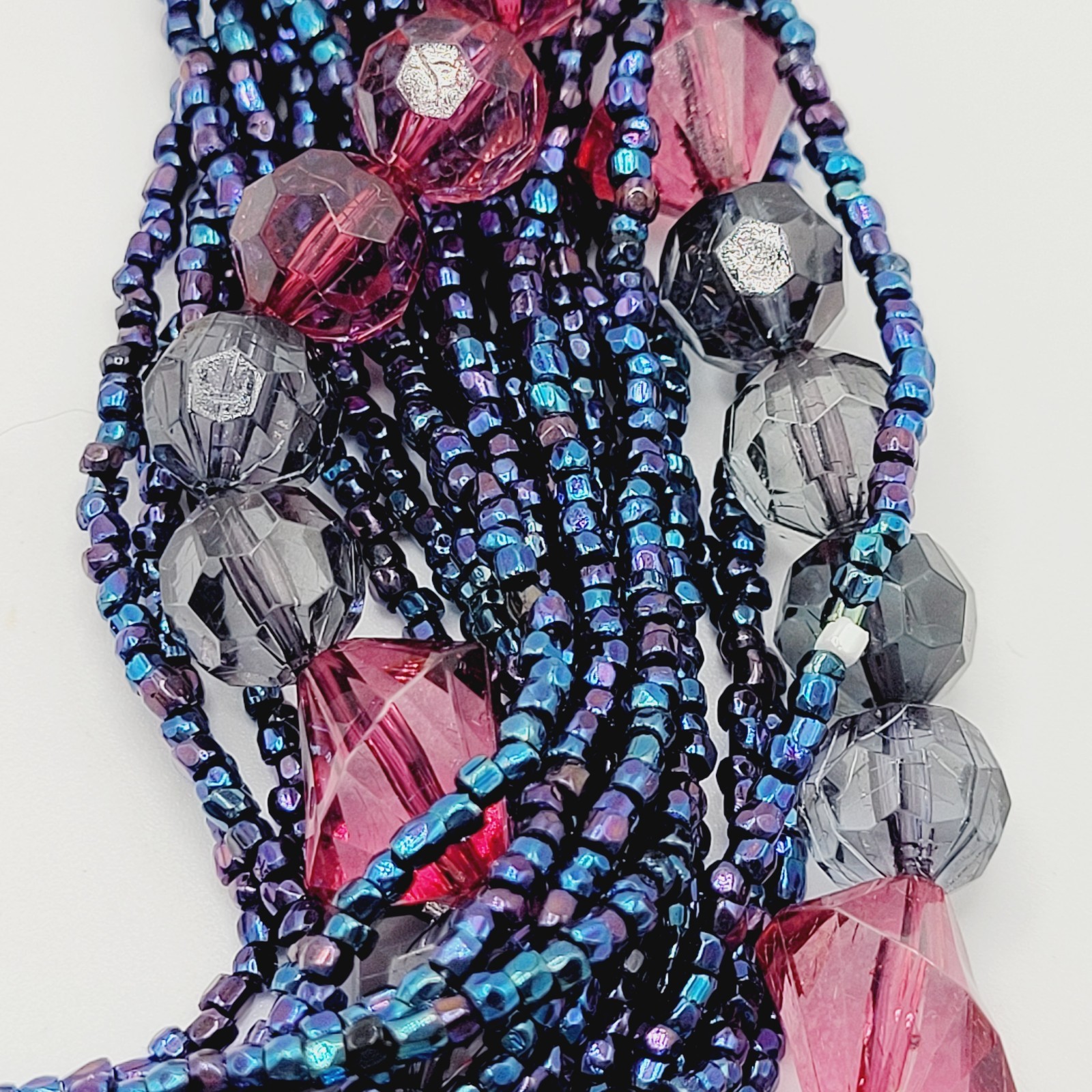 Purple and Deep Blue Iridescent Twist Multi Strand Glass Beaded Vintage Necklace