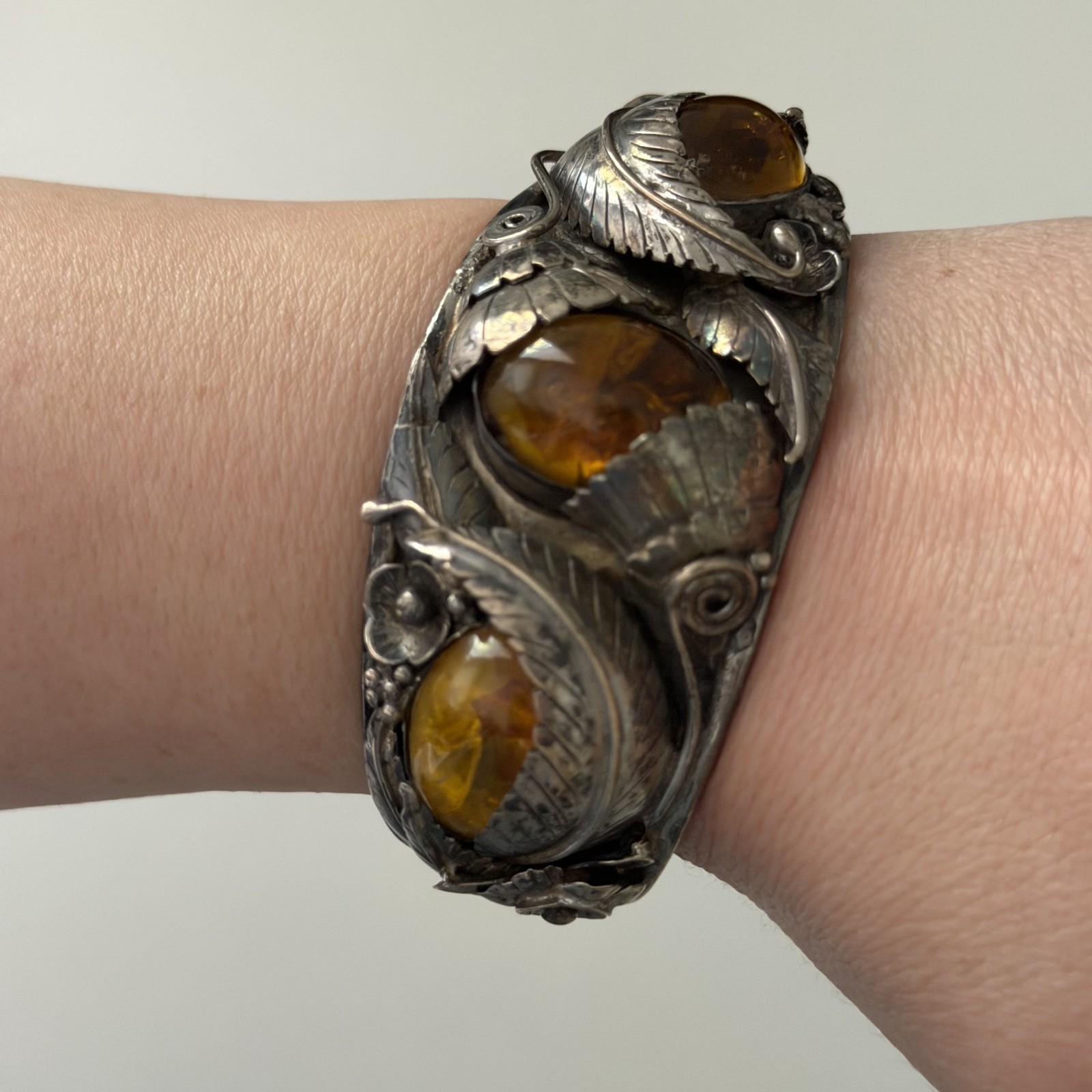Vintage Sterling Silver Big Chunky Amber Leaf Southwest Cuff Bracelet Heavy