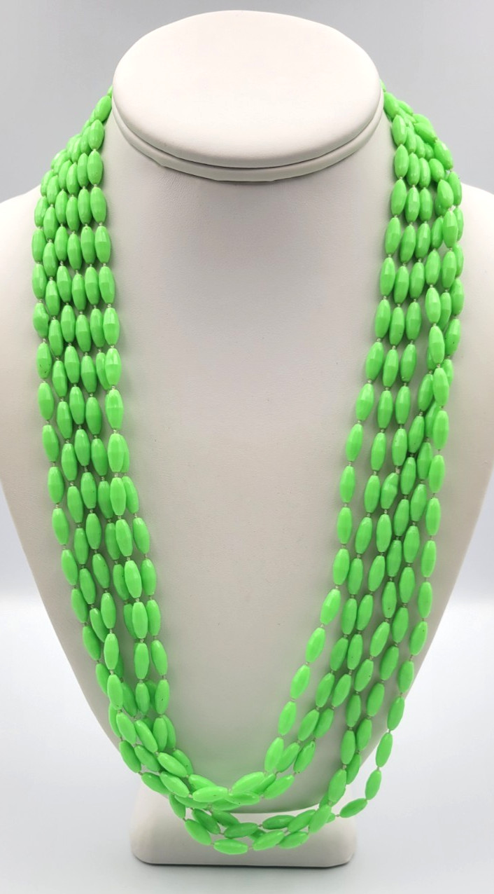 Vintage Lime Green 3 Strand Plastic Bead Necklace Hong Kong Long 50″