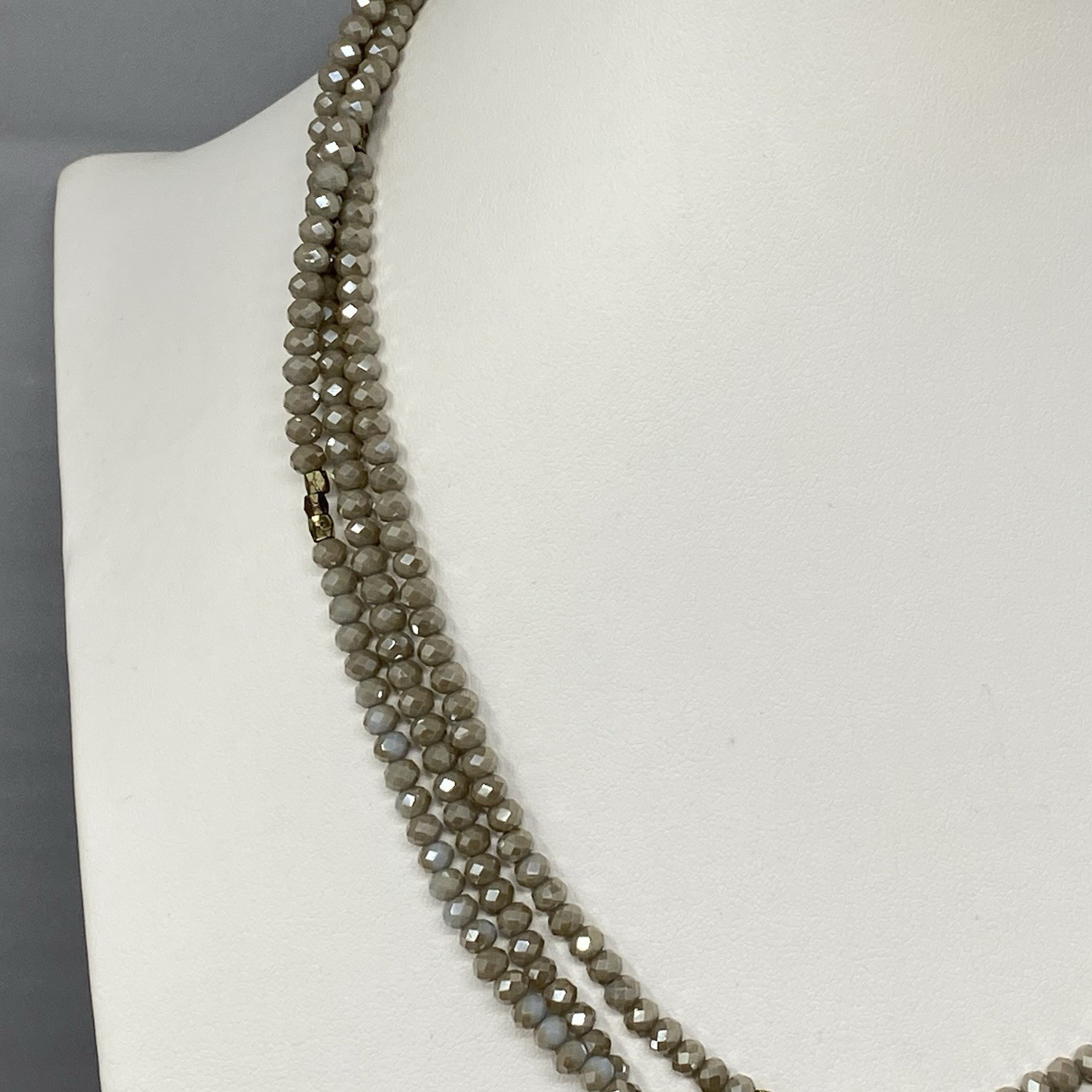 Cream Fire Polished Glass Bead Necklace Surface Coated Long Tan Faceted 60″