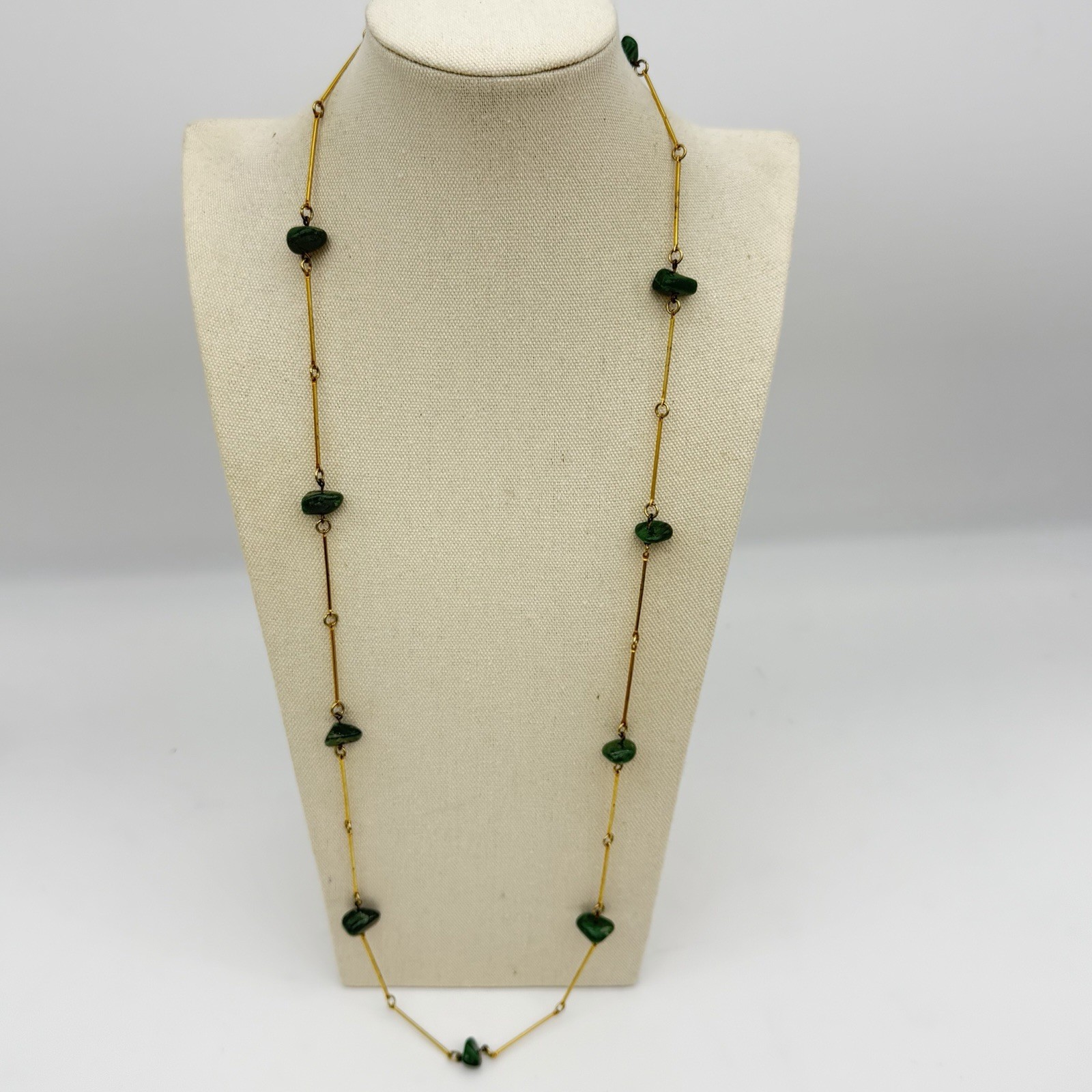 VTG Jade Bar Link Necklace Estate Deep Green Gemstone Flapper 40