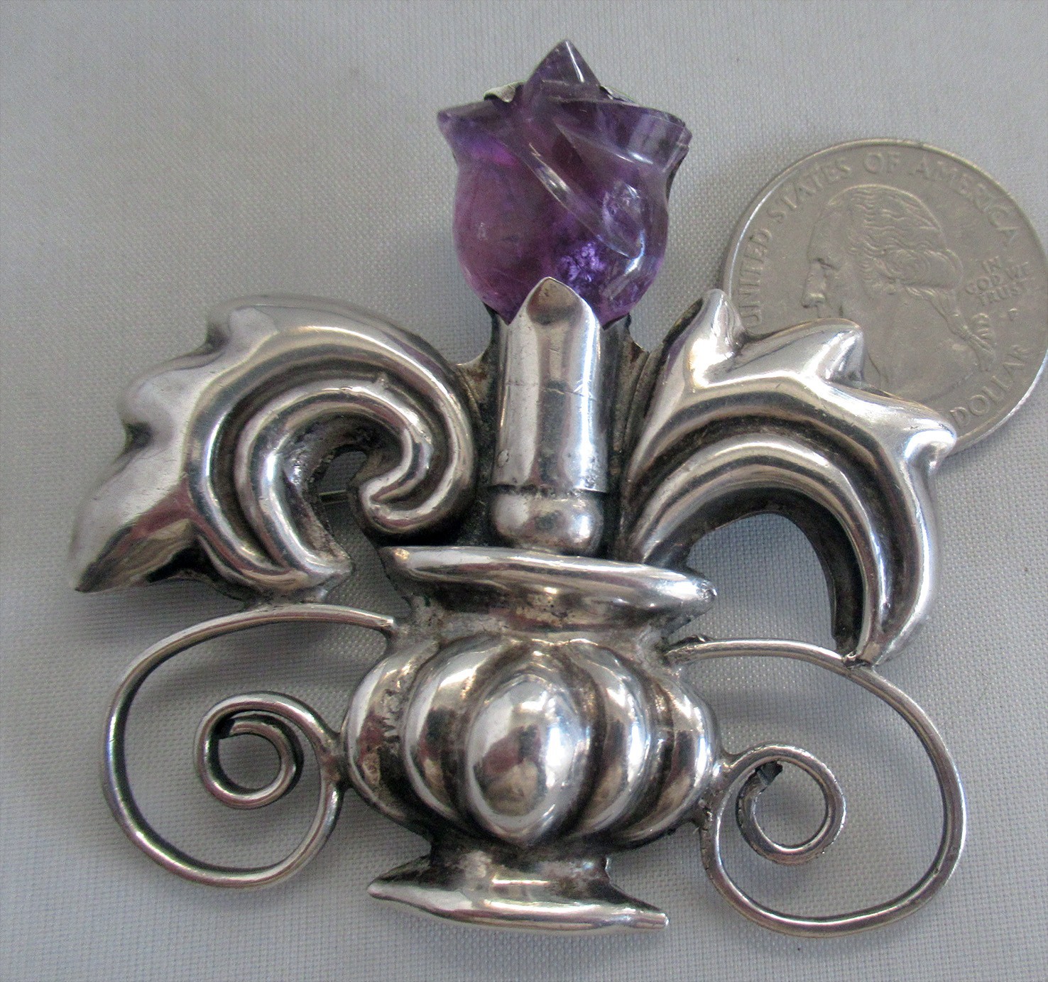 SPRATLING ERA STERLING BROOCH w AMETHYST FLOWER, 2 3/8 INCHES