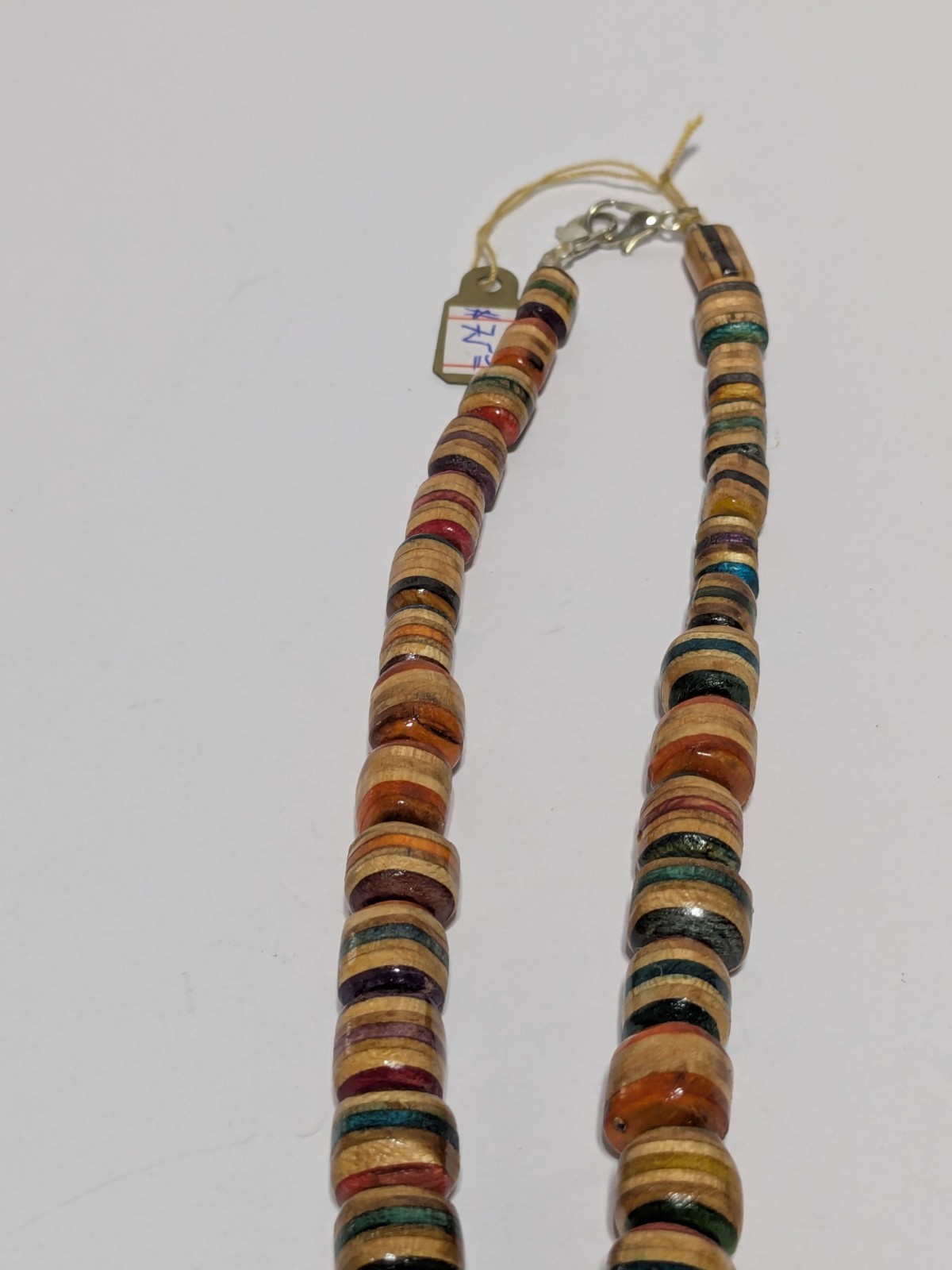 Vintage Multicolor Wood Bead Handmade Necklace. Silver Tone End Caps. 21″ BOHO