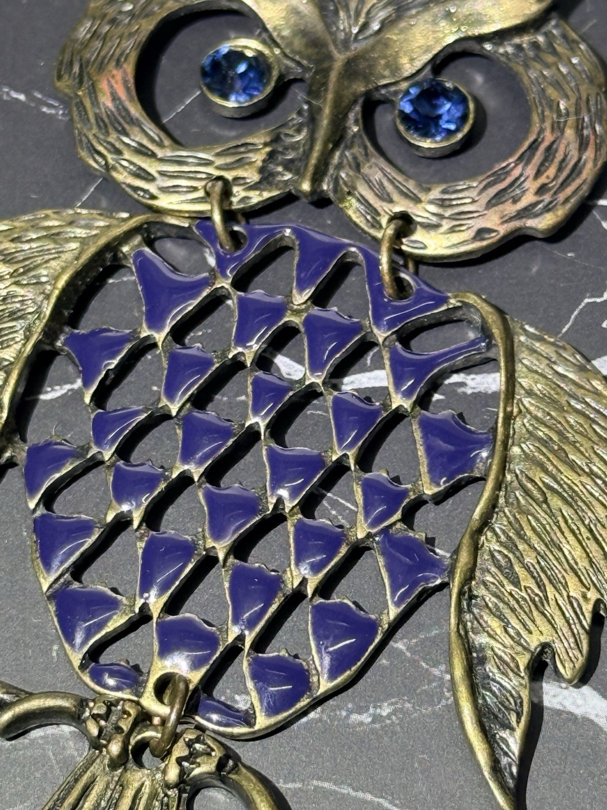 Vtg 1970″s Articulated Owl Pendant 3.75″ Silver Tone Blue Stone Eyes 30″ Chain