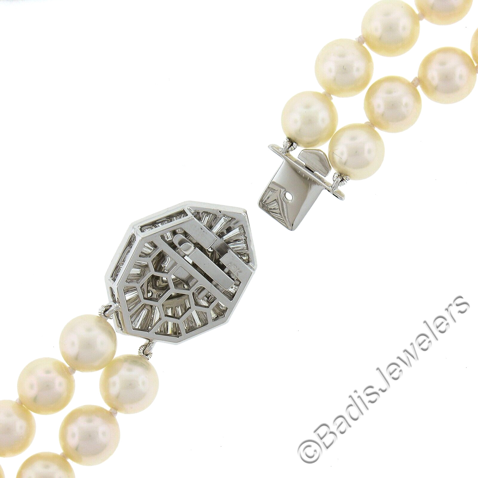 18k White Gold Dual Strand 8-8.5mm Pearl Necklace w/ GIA 3.68ctw Diamond Clasp