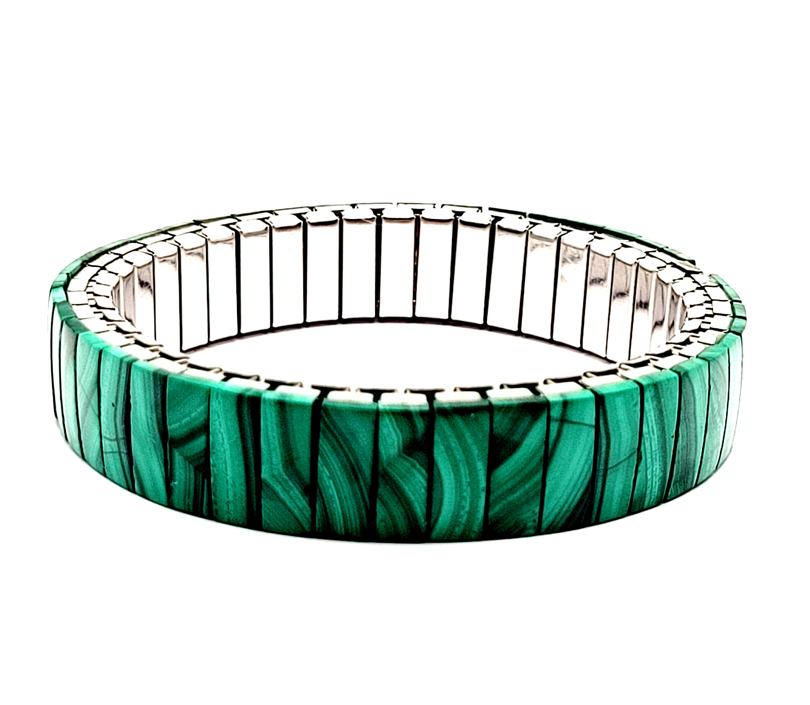 Malachite Stone Green Veneer Panel Stainless Steel Expanding Vintage Bracelet