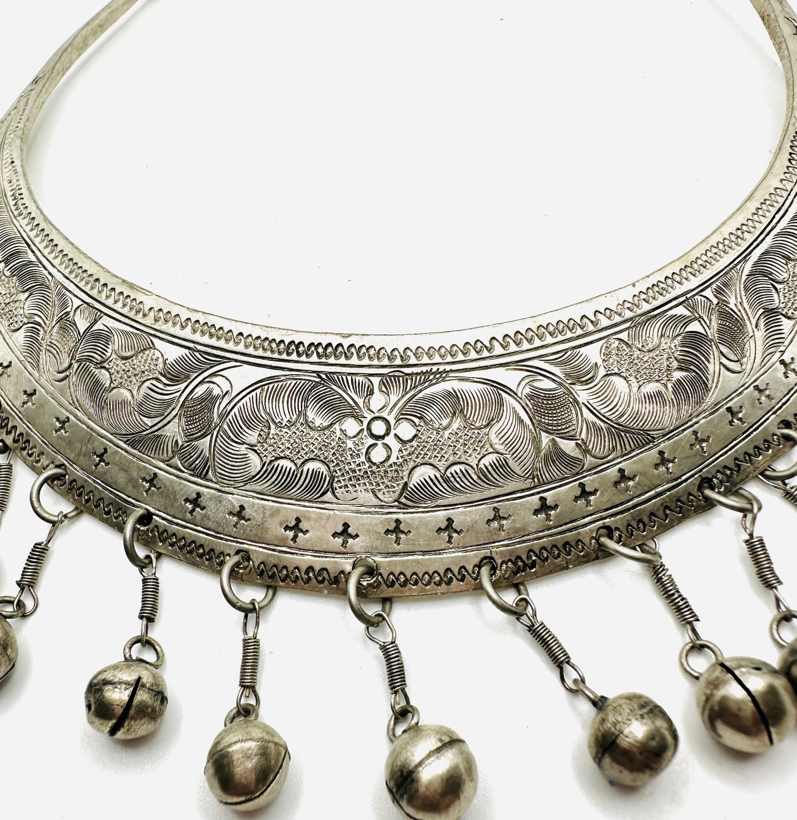 Vintage Miao Hmong Silver Ceremonial Necklace w Dangles, Etching