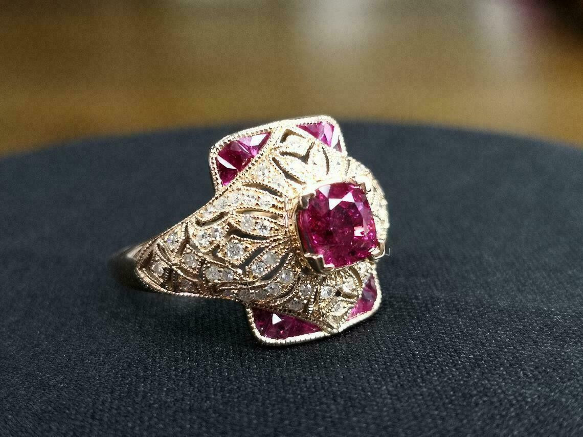 2.00 Ct Art Deco Style Red Ruby & Lab Created Diamond Engagement Ring 925 Silver