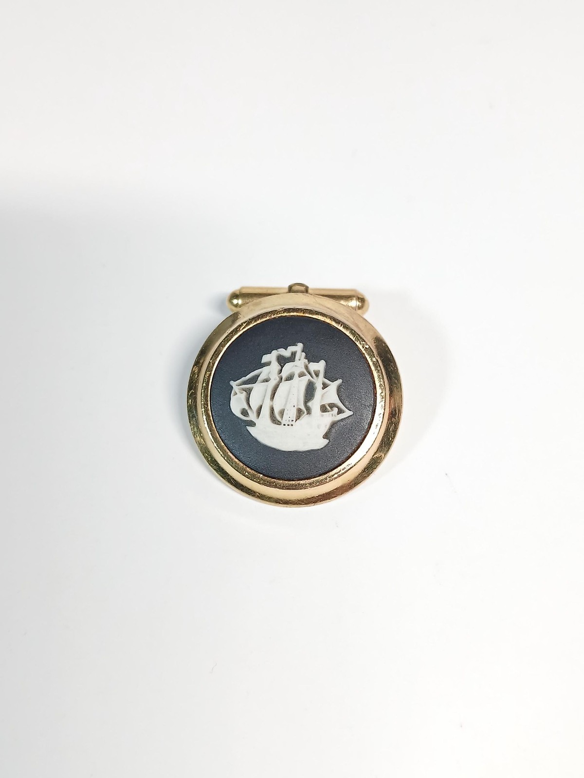Vintage Wedgwood Black Jasperware Ship Single Cufflink Gold Tone England