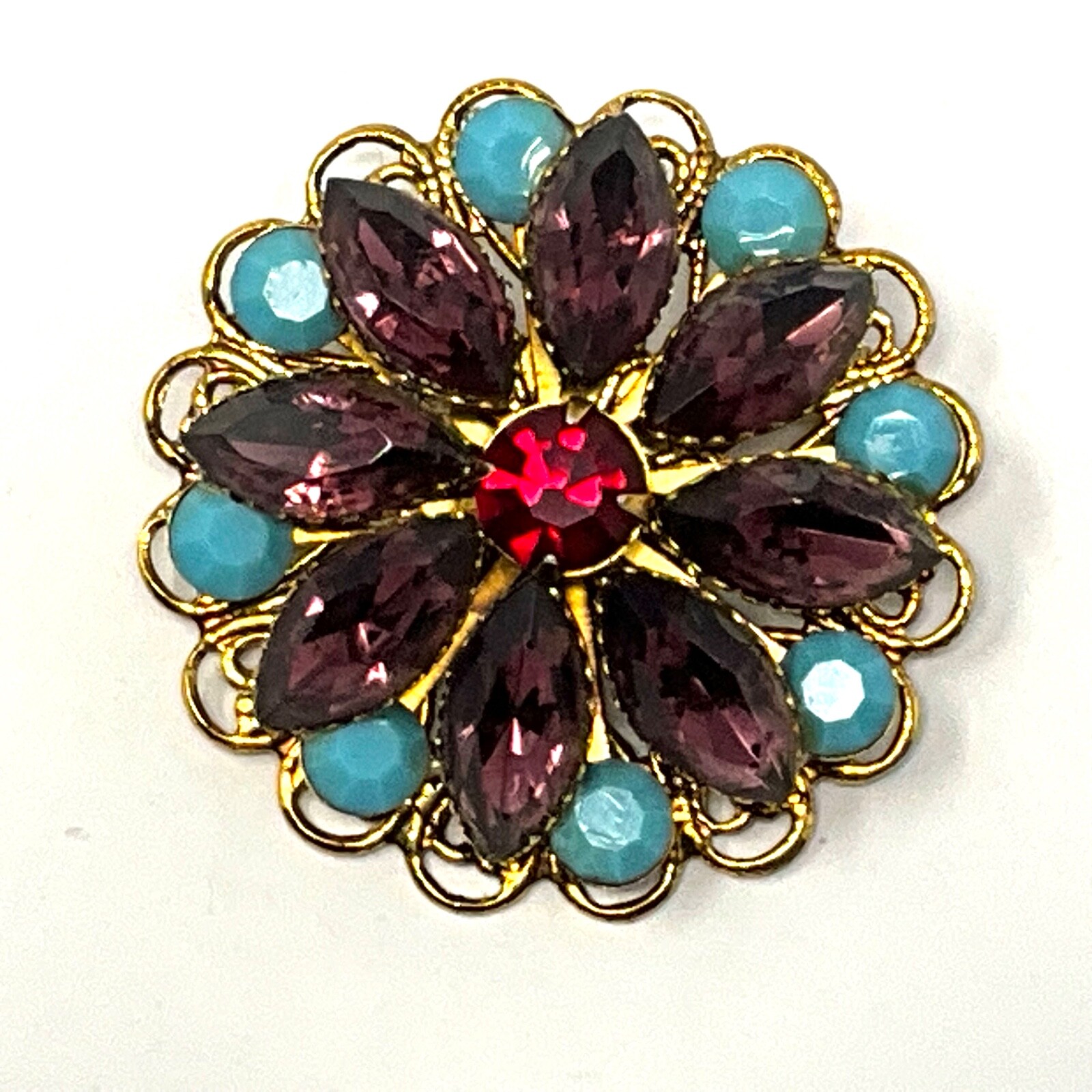 Vintage Purple and Blue Rhinestone Prong Set Brooch Pin