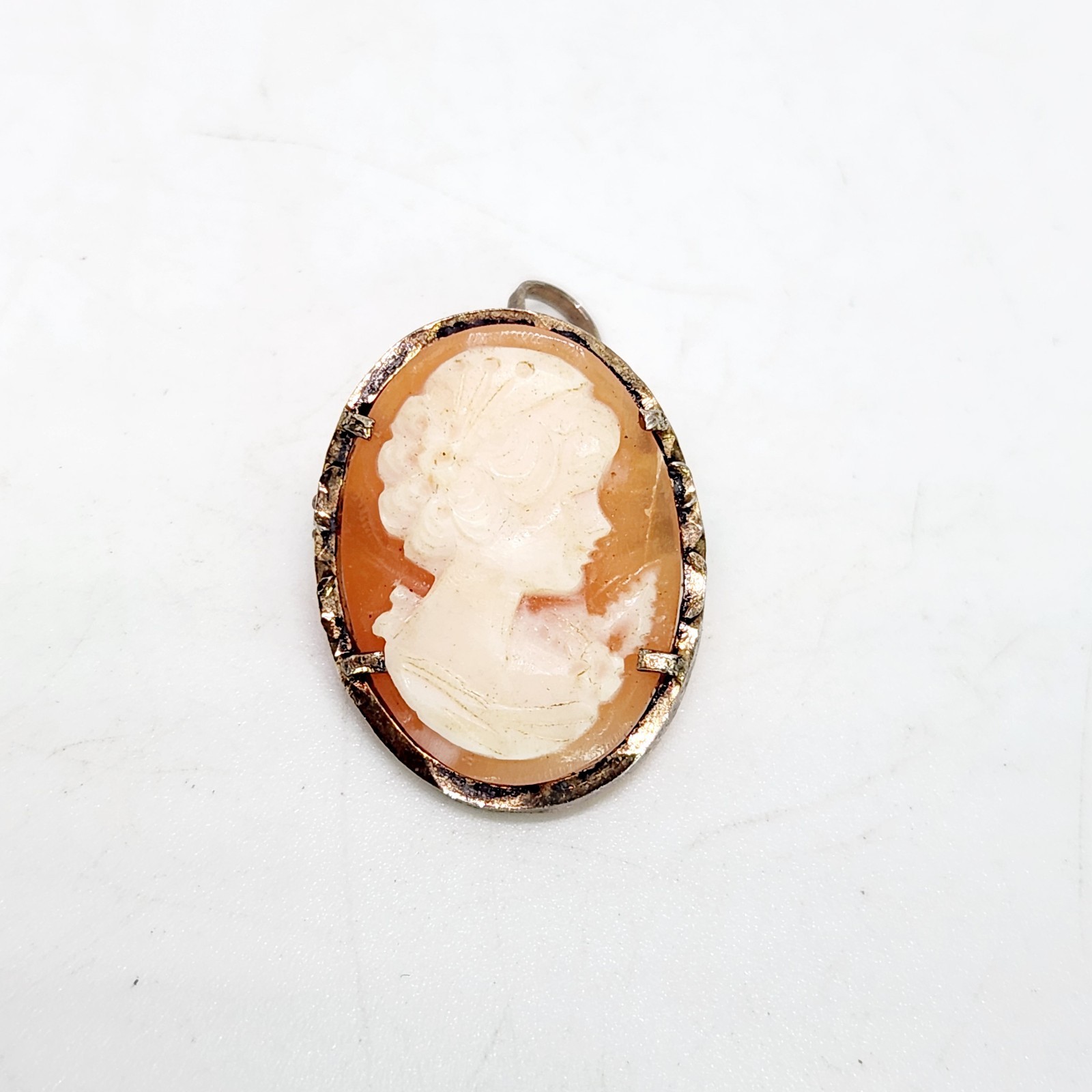 Antique VTG Sterling Silver Signed Carved Shell Cameo Pendant Brooch Pin