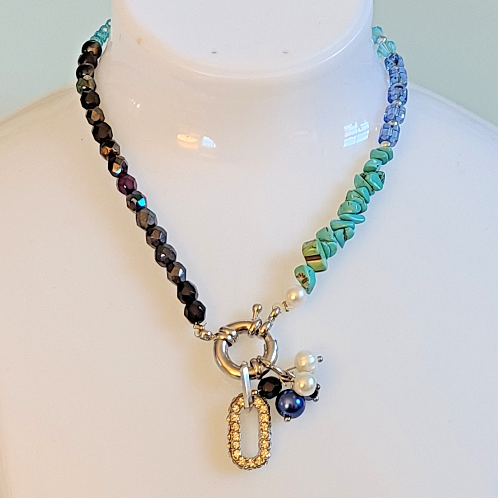 14″ Artisan Necklace – Genuine Turquoise Nuggets & Fire-Polished AB Glass Beads