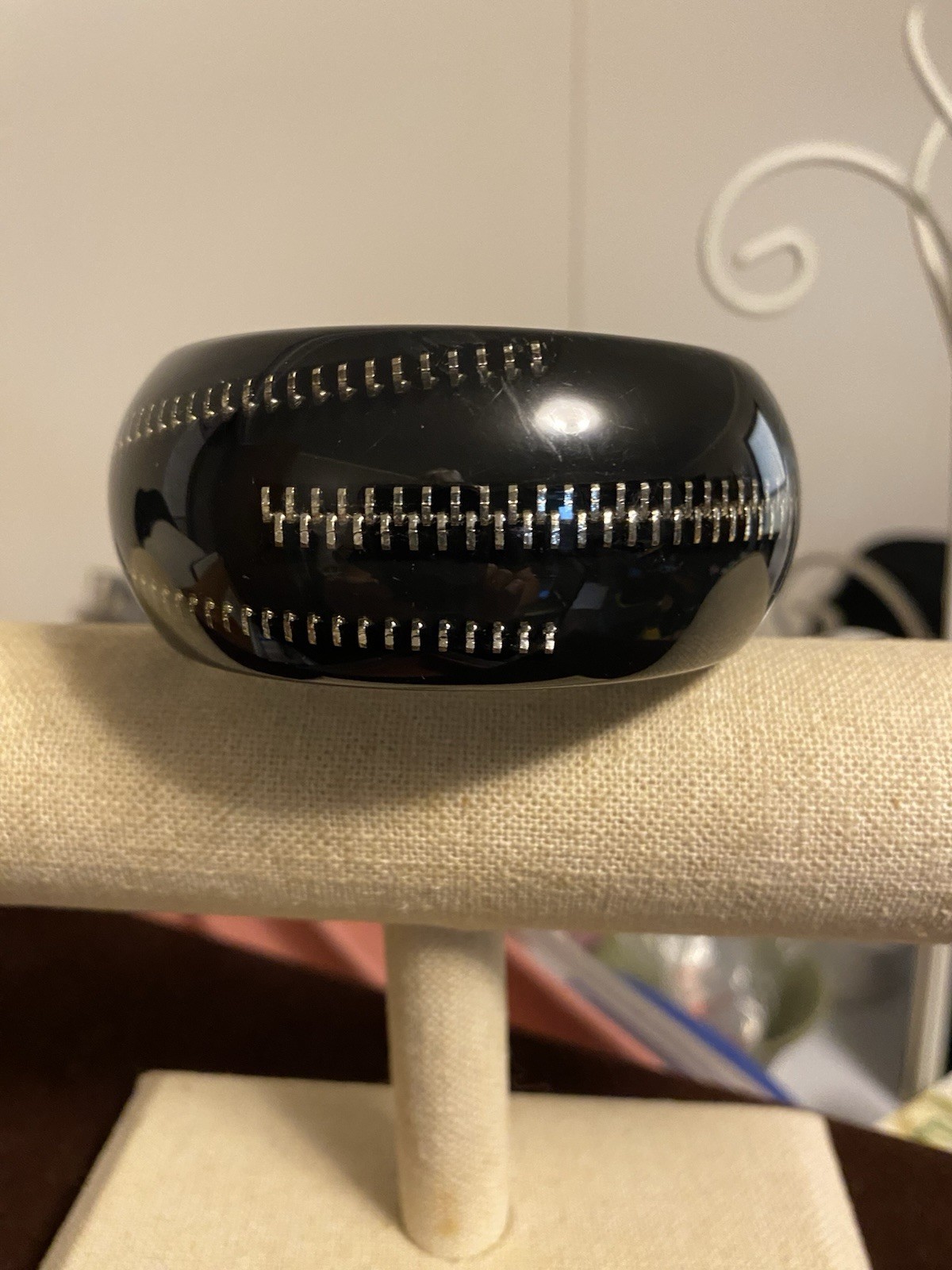 1980s Vintage Zipper Bangle Bracelet Black With Silver Tone Zipper Embedded