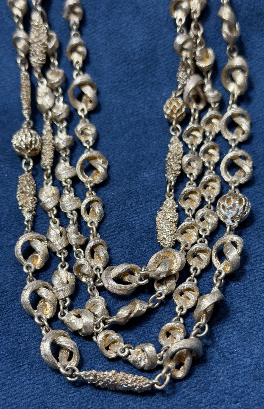Vintage Knot Filigree Bead Necklace Multi Strand Beaded Gold Tone Acorn Hook