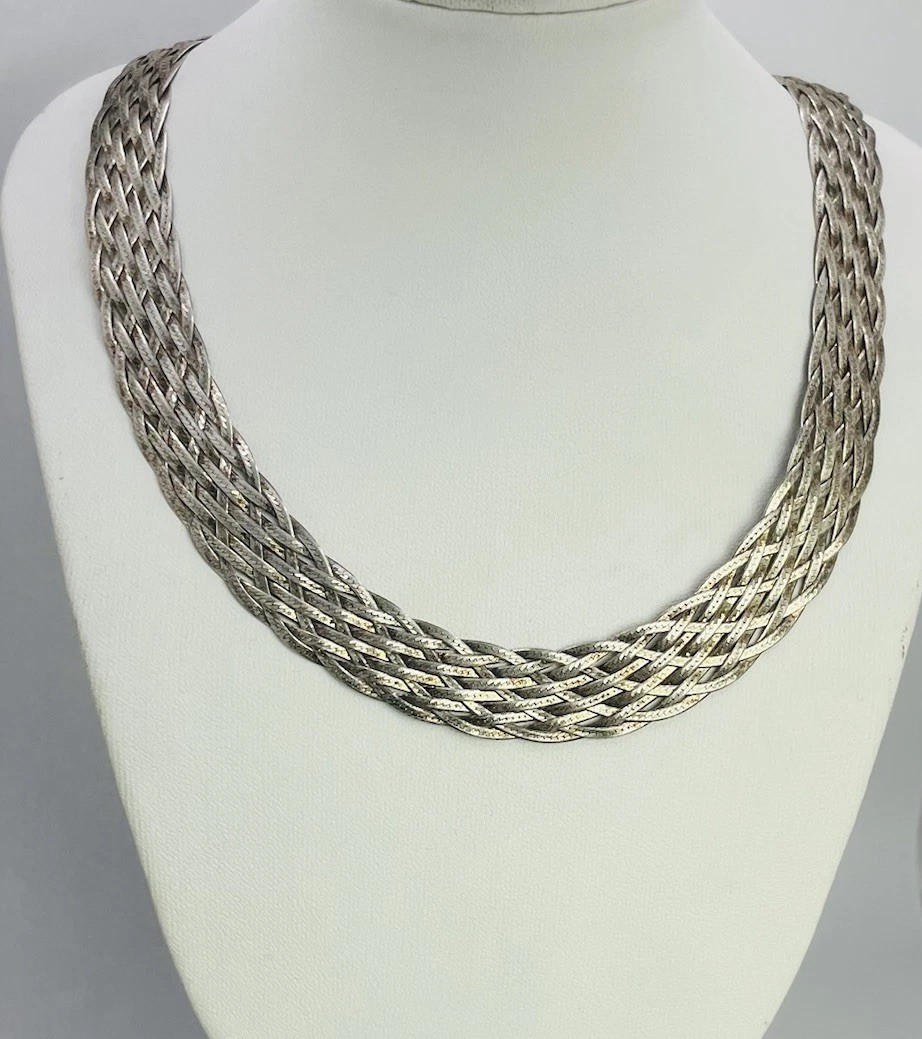 SU Italian Woven Mesh Link Sterling Silver Choker Chain 17.5in (23.75g)
