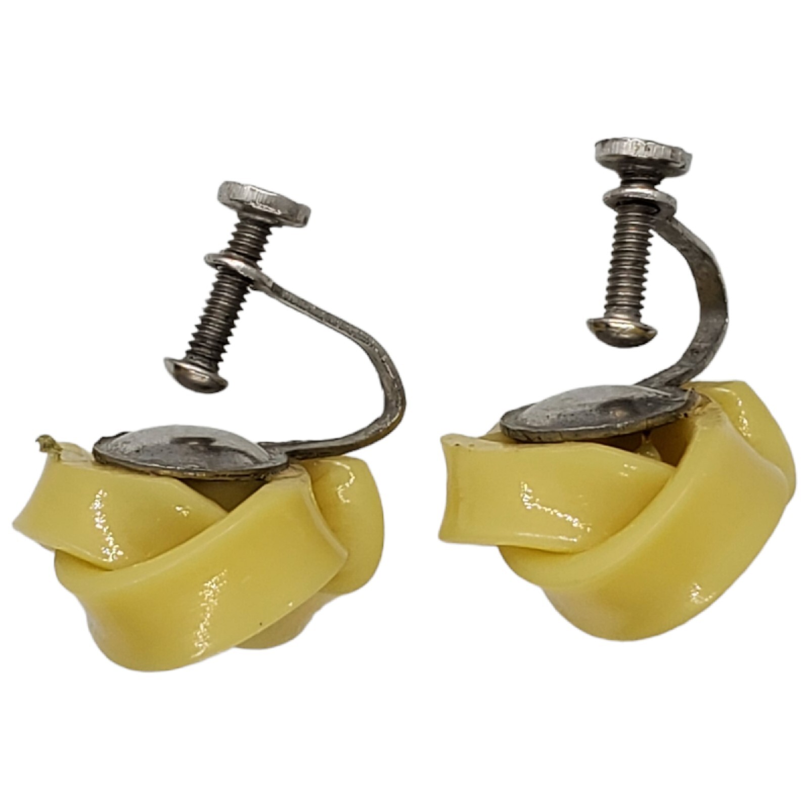 Vintage Celluloid Screw Back Earrings Yellow Rose Knot Silver Tone .5″