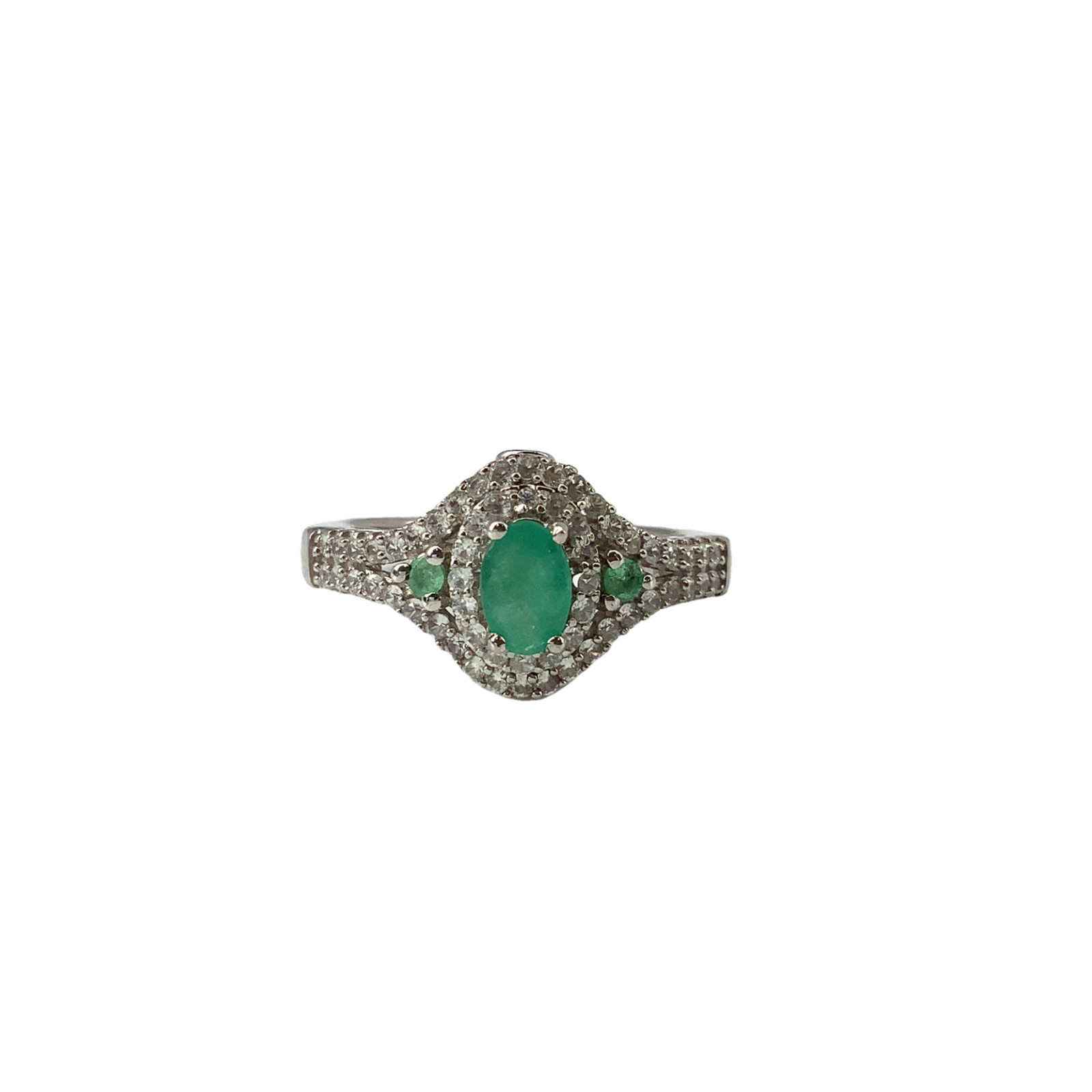 Vintage Sterling Silver Emerald & Crystal CZ Stone Halo Ring signed D’Joy
