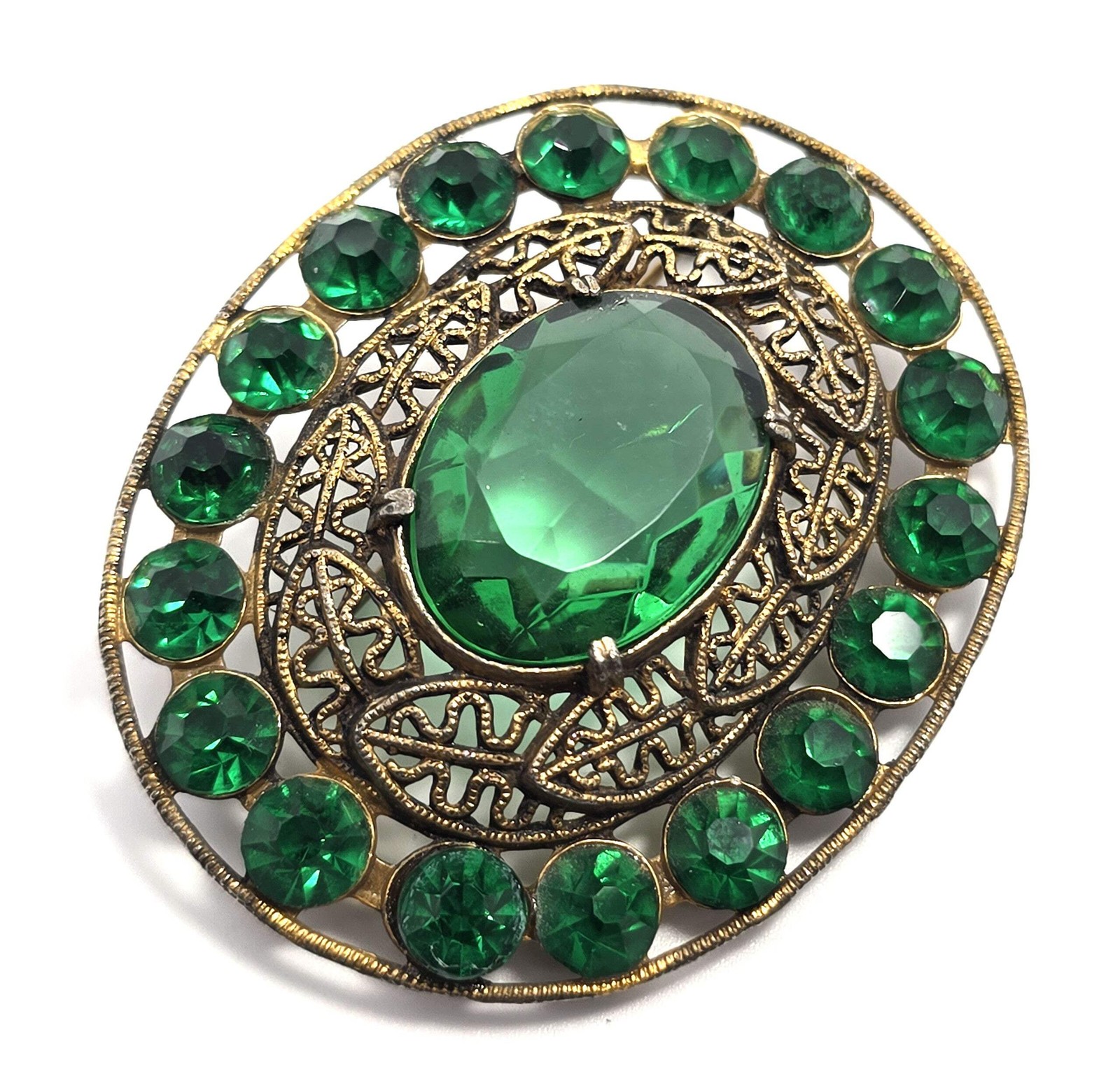Emerald dark green chaton rhinestone fall tribal leaf vintage brooch