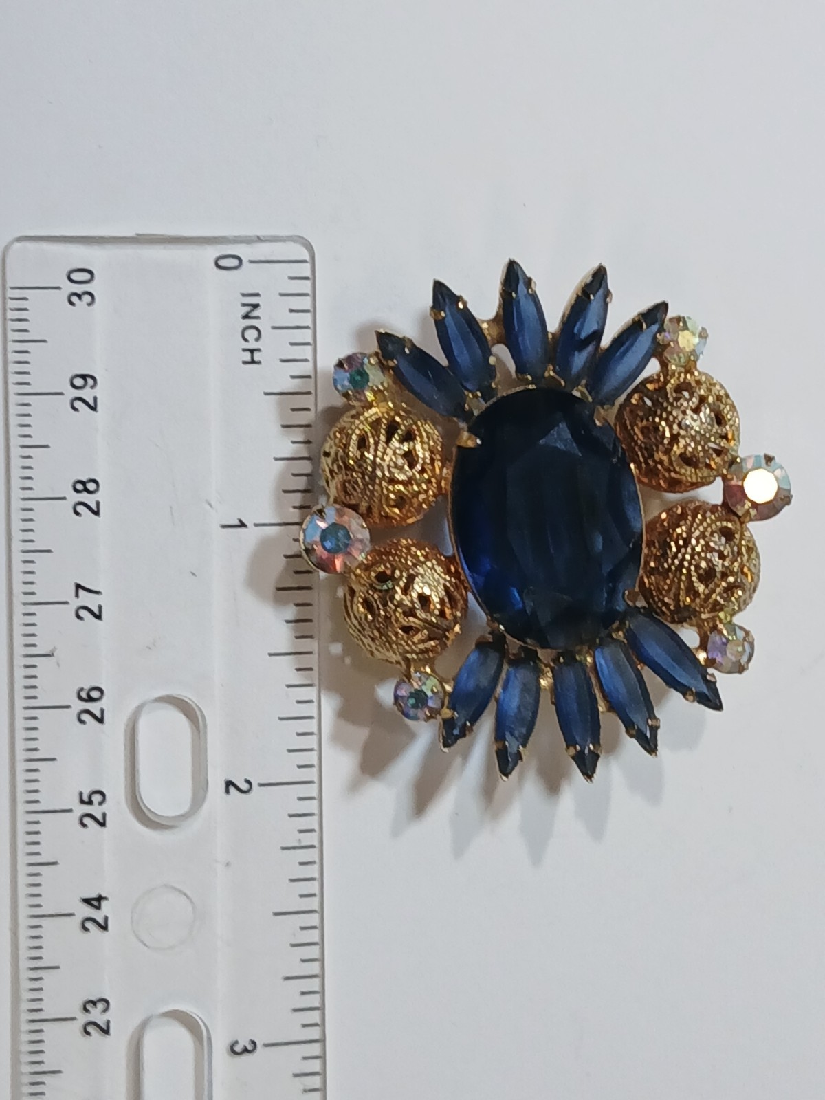 D&E Juliana DeLizza and Elster blue rhinestone filigree ball brooch. 