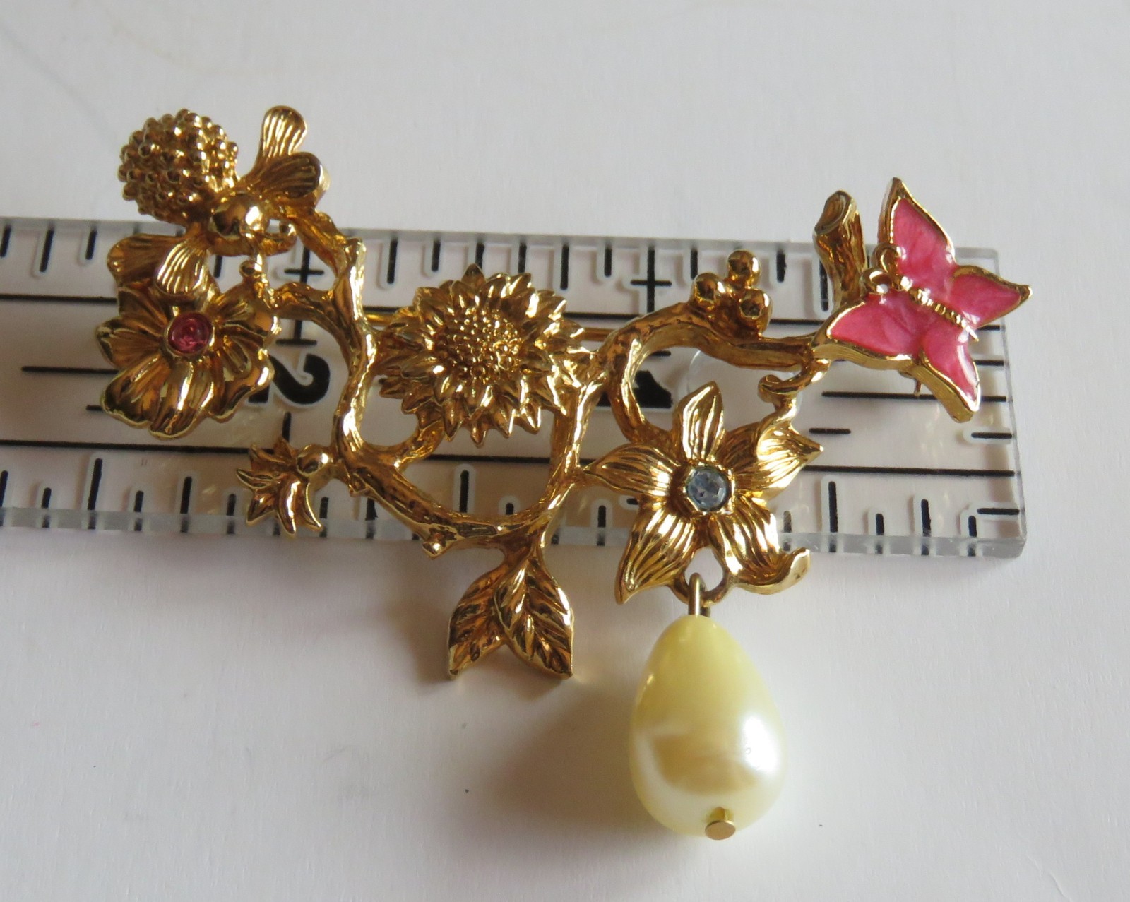 Vintage Garden of Eden Pin Brooch Butterfly Bee Flowers Drop Faux Pearl Avon