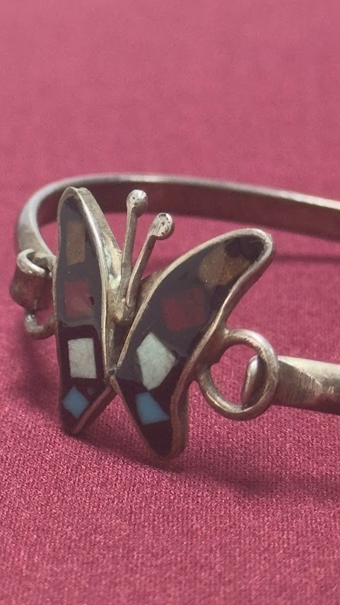 Vintage Silver Inlaid Mosaic Multi-Color Butterfly Cuff Latch Bracelet 11.24g